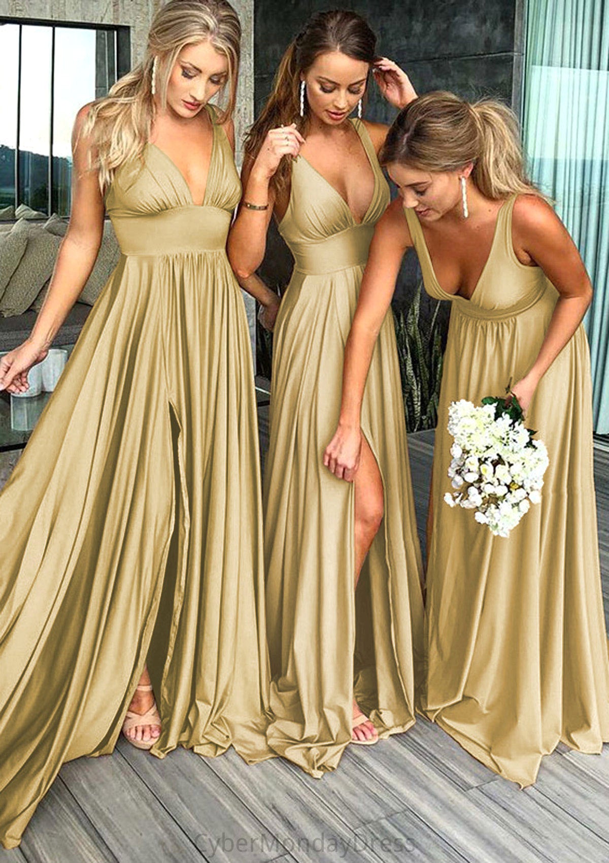 A-Line/Princess V-Neck Sweep Train Jersey Bridesmaid Dresses With Split Front Pleated Waistband Peggie DTP0025336