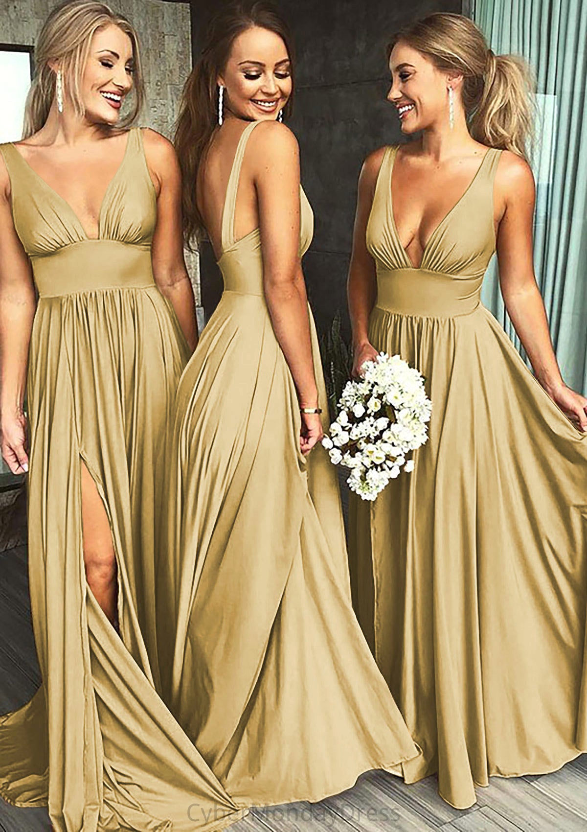 A-Line/Princess V-Neck Sweep Train Jersey Bridesmaid Dresses With Split Front Pleated Waistband Peggie DTP0025336