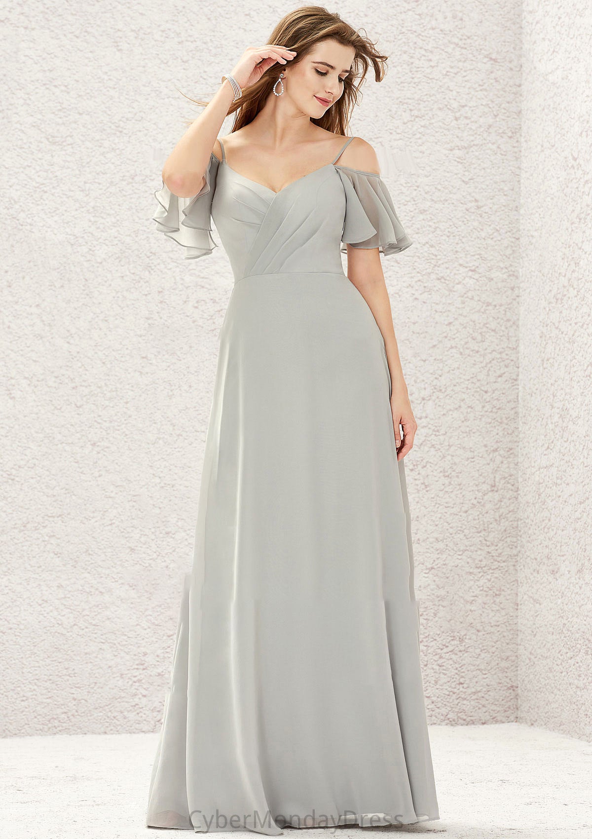 A-line Sweetheart Short Sleeve Long/Floor-Length Chiffon Bridesmaid Dresses With Pleated Reese DTP0025338