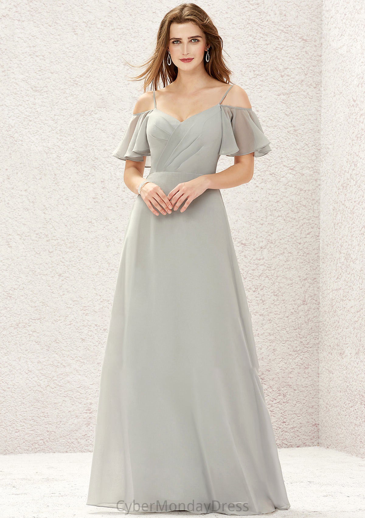 A-line Sweetheart Short Sleeve Long/Floor-Length Chiffon Bridesmaid Dresses With Pleated Reese DTP0025338