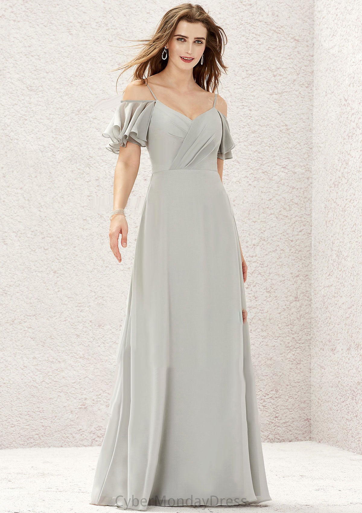 A-line Sweetheart Short Sleeve Long/Floor-Length Chiffon Bridesmaid Dresses With Pleated Reese DTP0025338