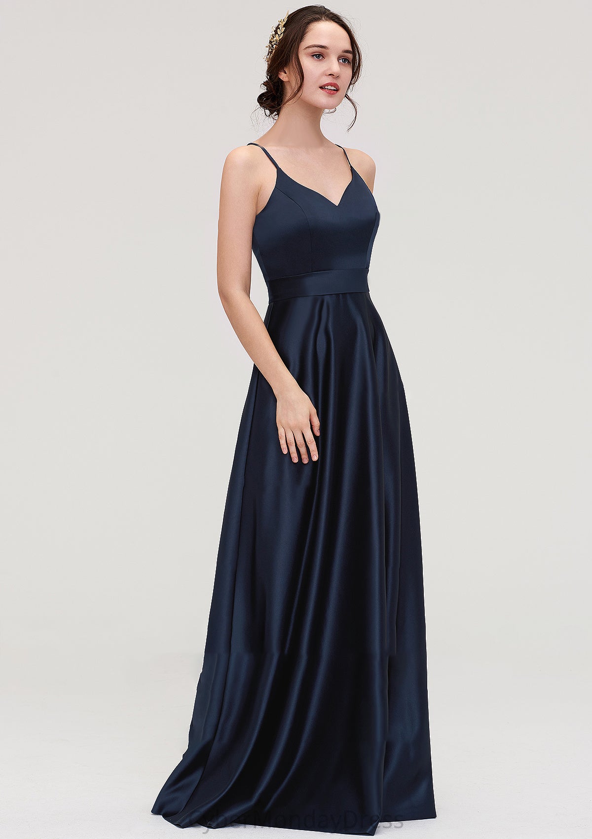 V Neck Sleeveless Long/Floor-Length Satin A-line/Princess Bridesmaid Dresseses Callie DTP0025345