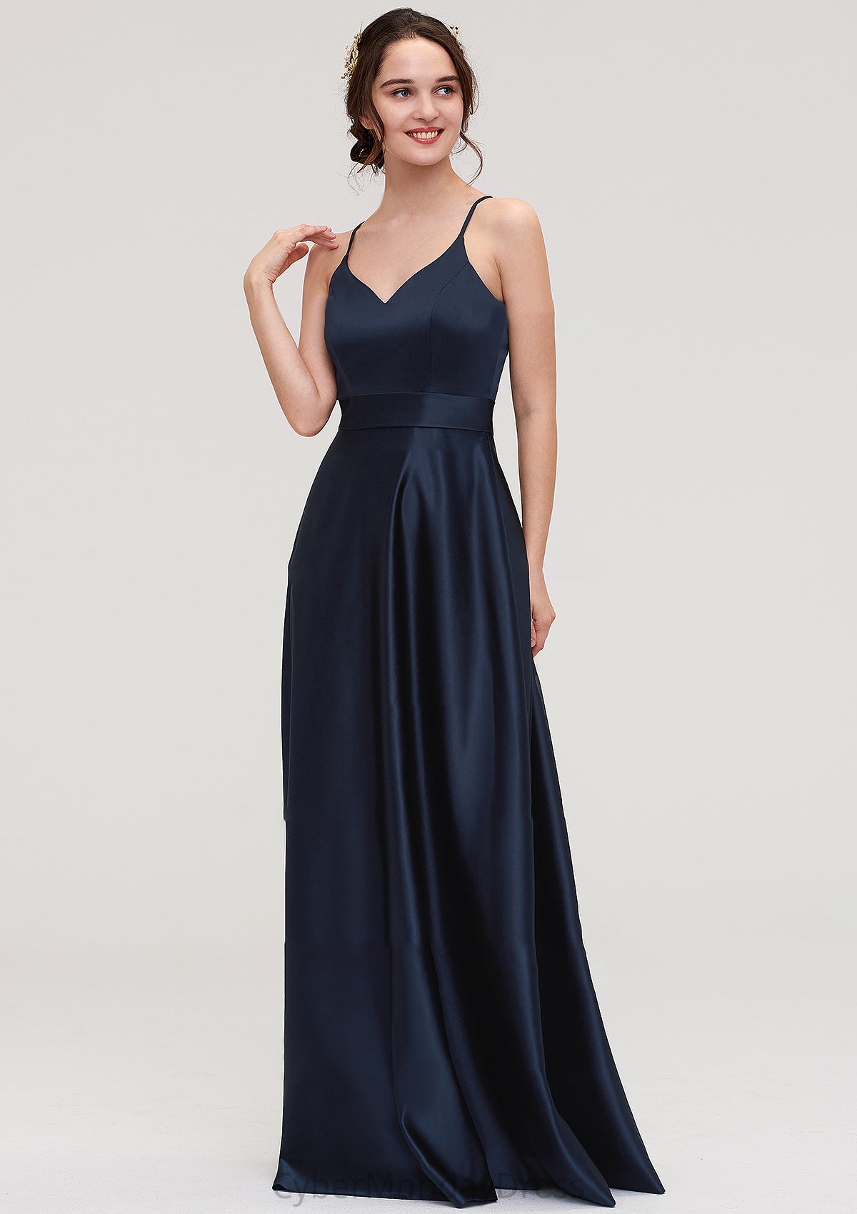 V Neck Sleeveless Long/Floor-Length Satin A-line/Princess Bridesmaid Dresseses Callie DTP0025345