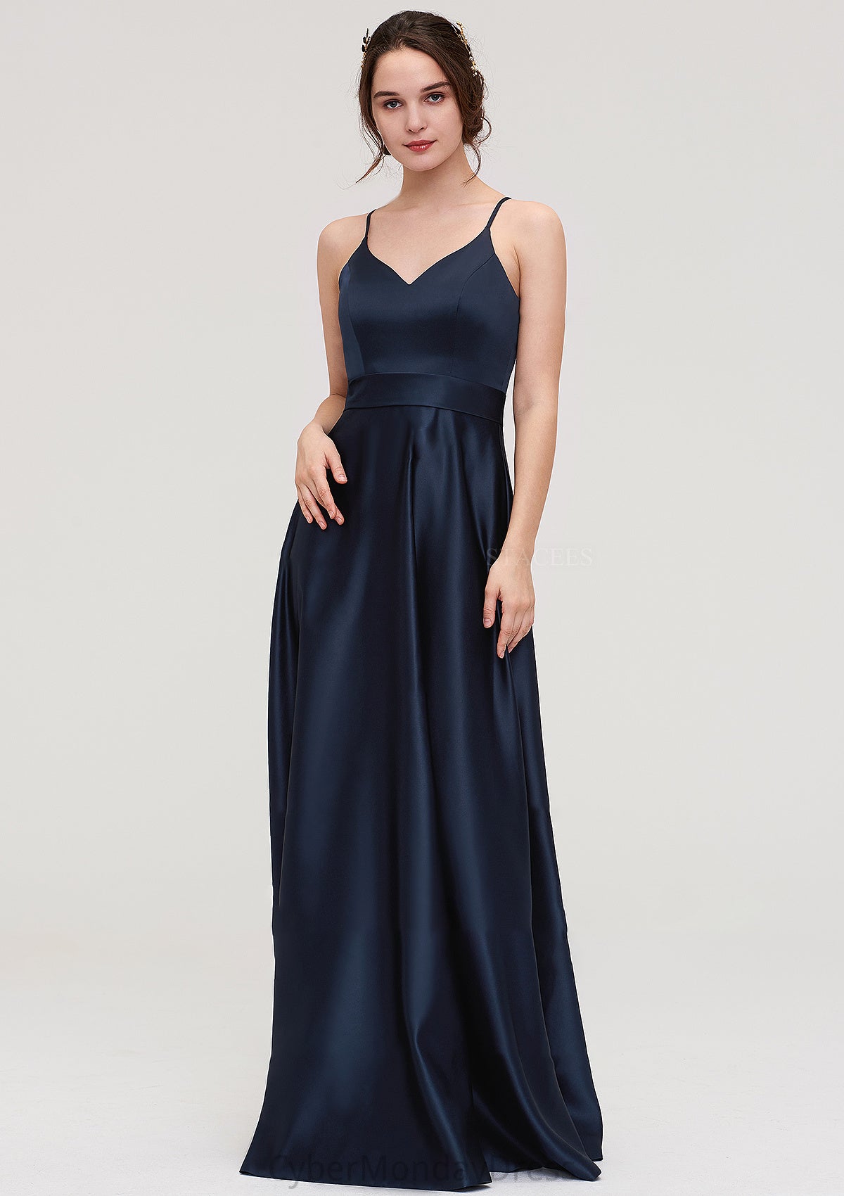 V Neck Sleeveless Long/Floor-Length Satin A-line/Princess Bridesmaid Dresseses Callie DTP0025345