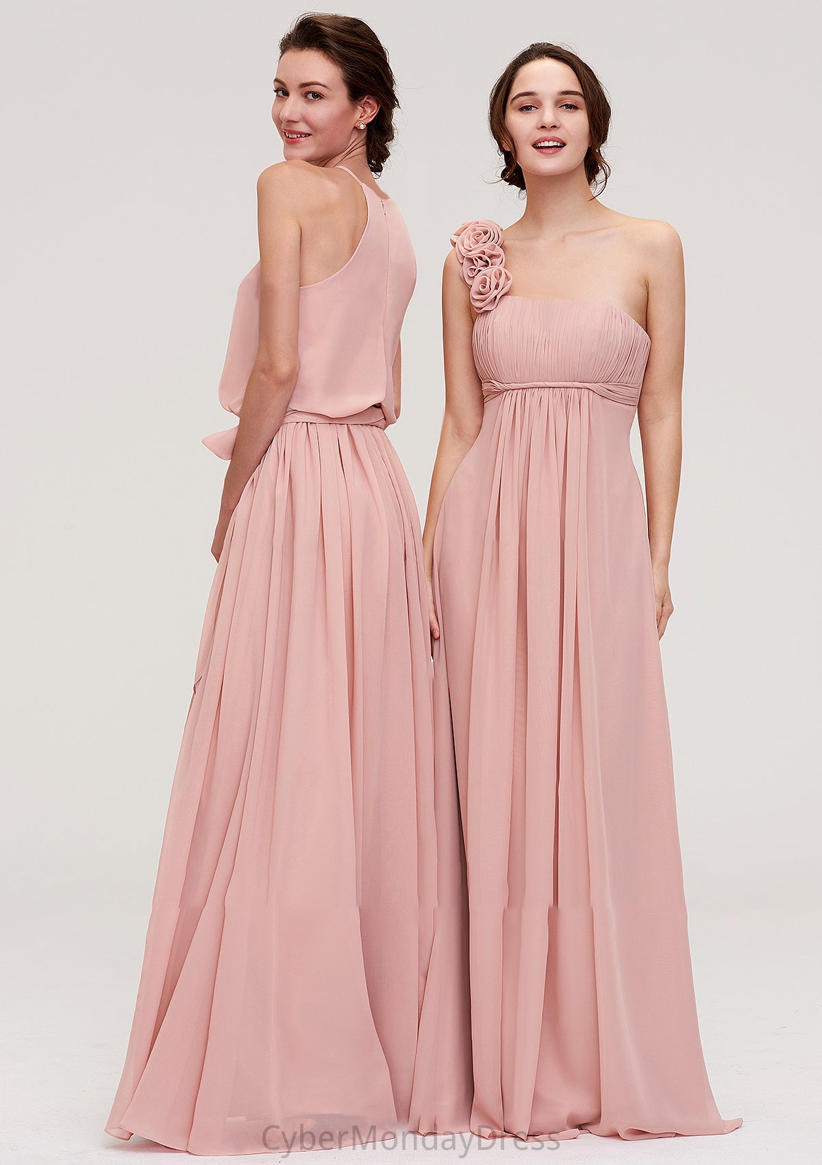 Sleeveless One-Shoulder Long/Floor-Length Chiffon A-line/Princess Bridesmaid Dresses With Pleated Flowers Joanne DTP0025346