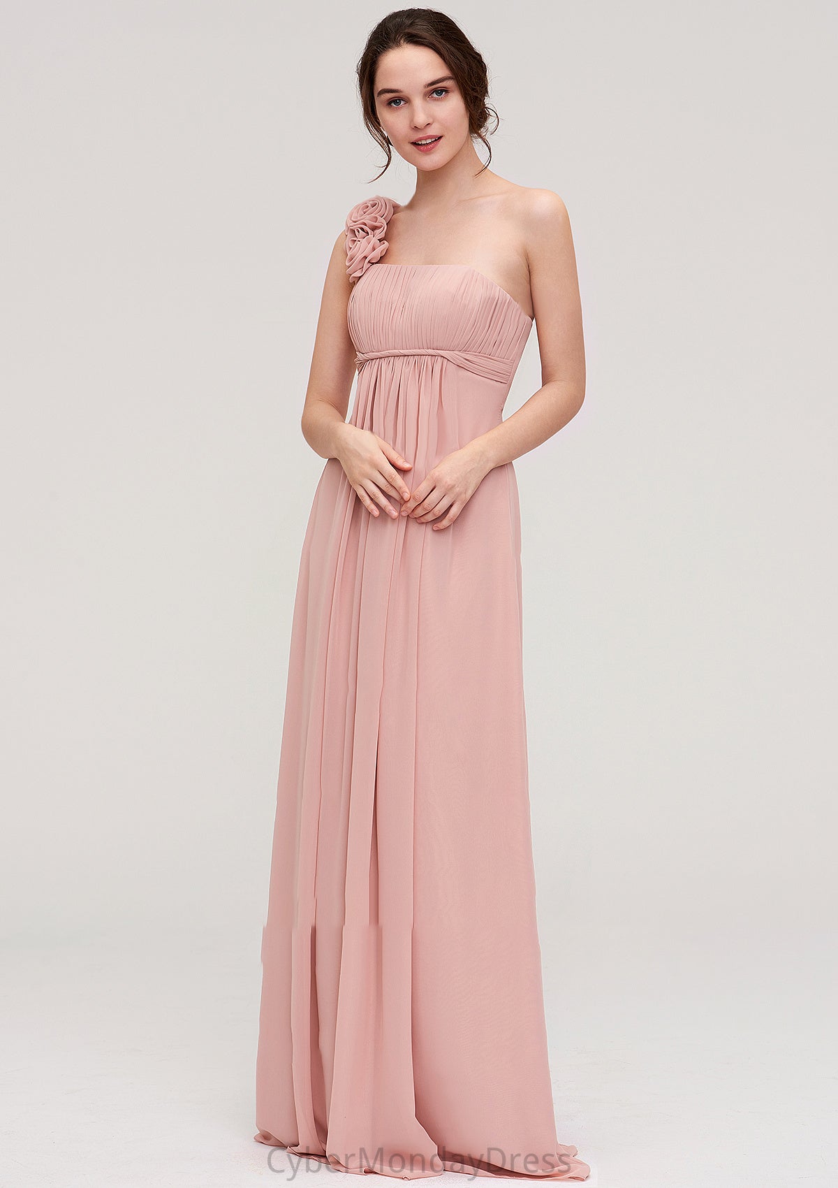 Sleeveless One-Shoulder Long/Floor-Length Chiffon A-line/Princess Bridesmaid Dresses With Pleated Flowers Joanne DTP0025346