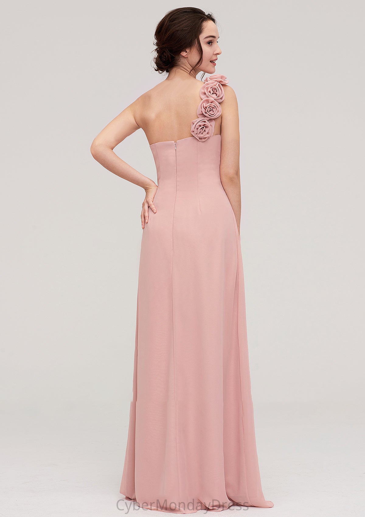 Sleeveless One-Shoulder Long/Floor-Length Chiffon A-line/Princess Bridesmaid Dresses With Pleated Flowers Joanne DTP0025346