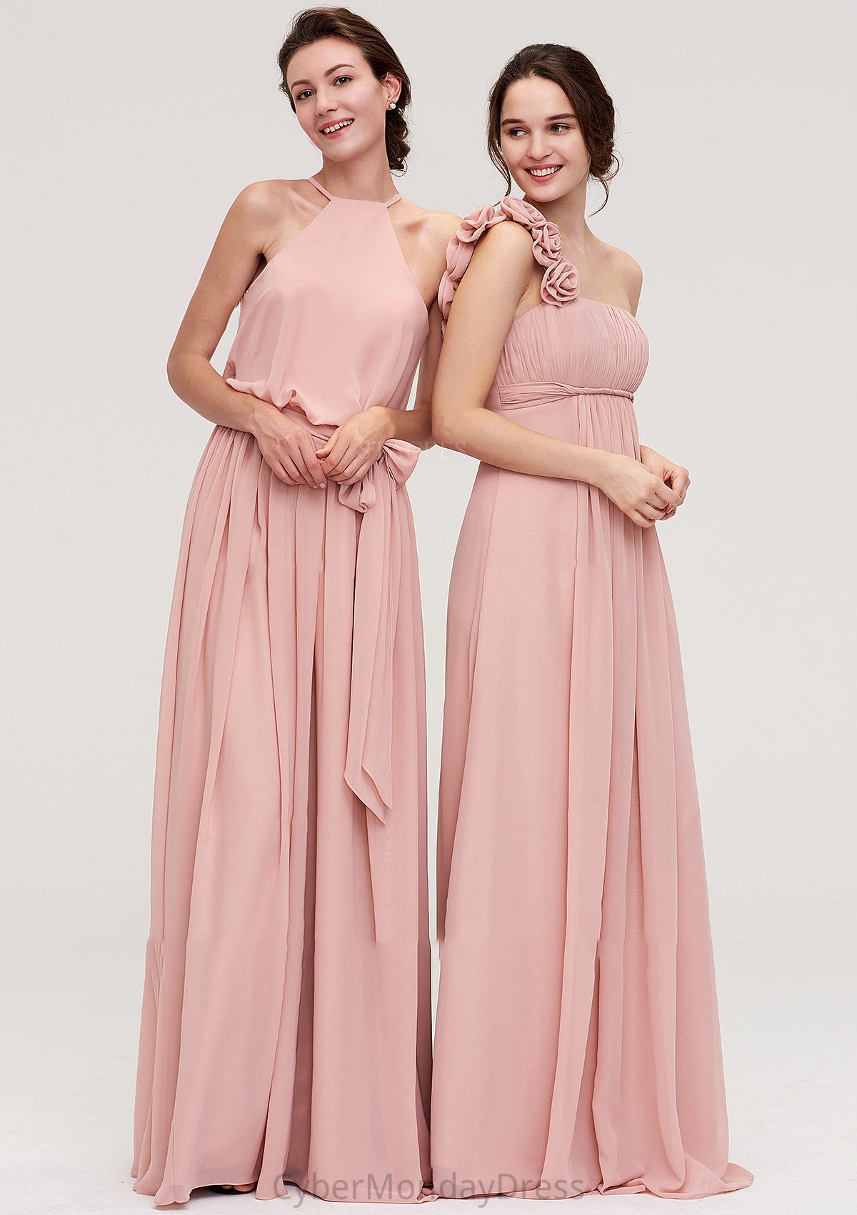 Sleeveless One-Shoulder Long/Floor-Length Chiffon A-line/Princess Bridesmaid Dresses With Pleated Flowers Joanne DTP0025346