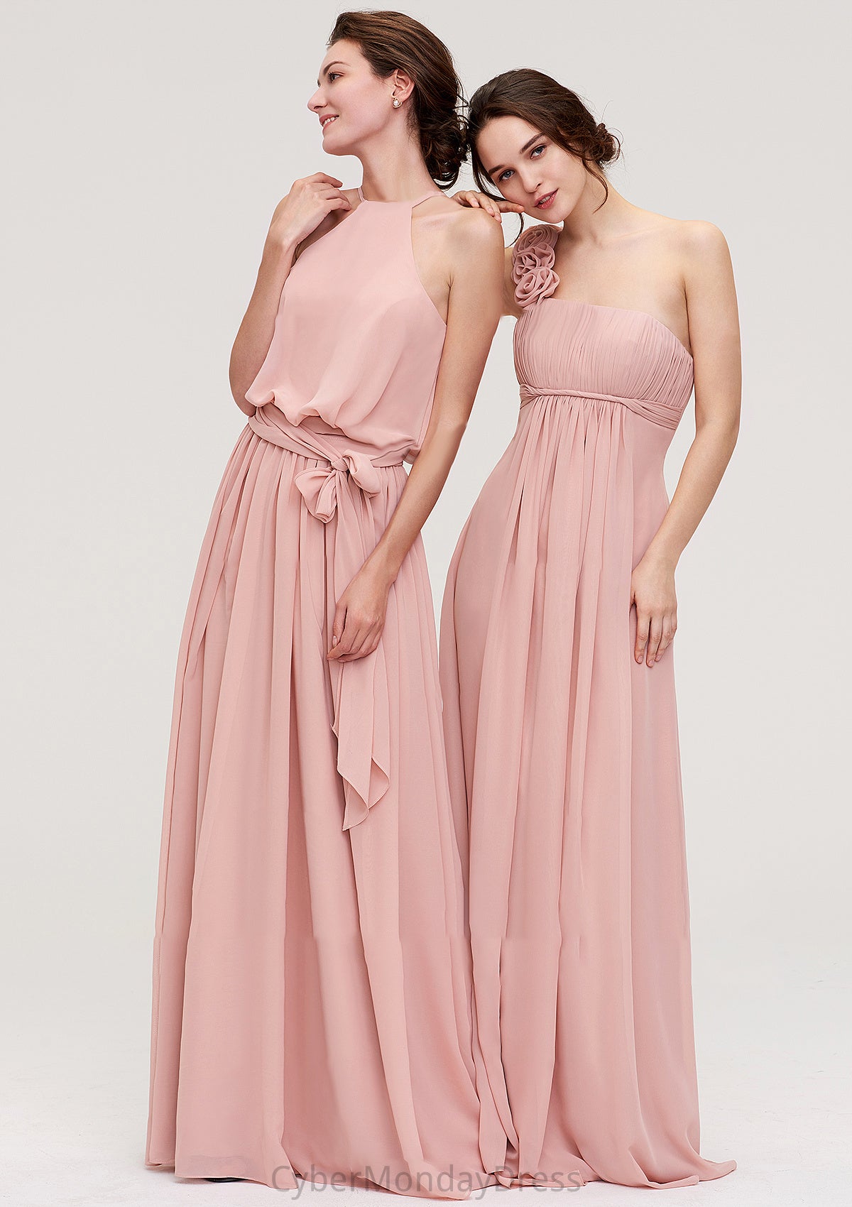 Sleeveless One-Shoulder Long/Floor-Length Chiffon A-line/Princess Bridesmaid Dresses With Pleated Flowers Joanne DTP0025346