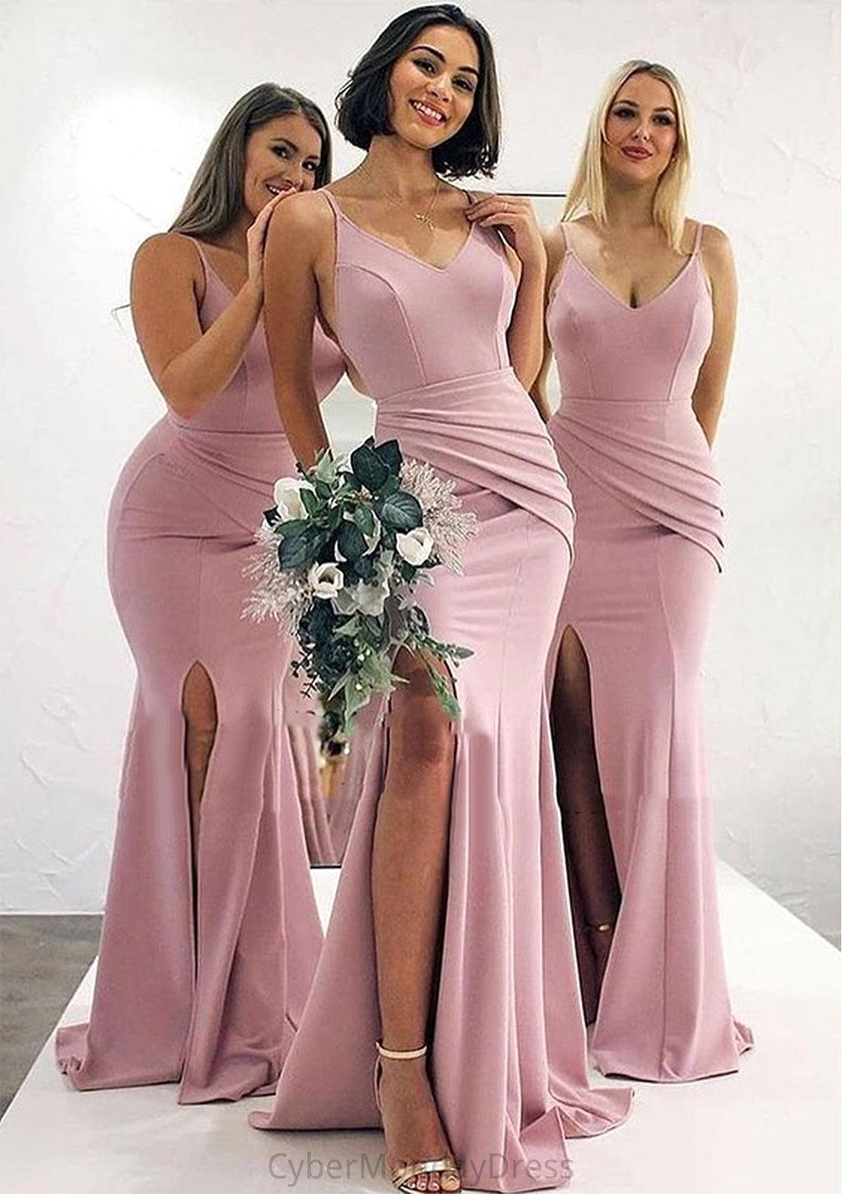 Trumpet/Mermaid V Neck Sleeveless Long/Floor-Length Elastic Satin Bridesmaid Dresses With Pleated Split Alayna DTP0025347