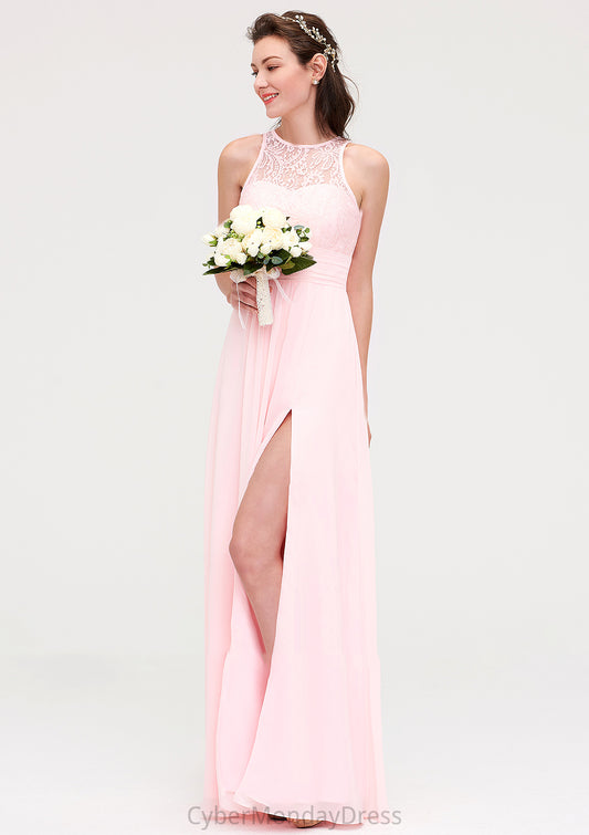 Sleeveless Scoop Neck Chiffon A-line/Princess Long/Floor-Length Bridesmaid Dresseses With Split Lace Francesca DTP0025349