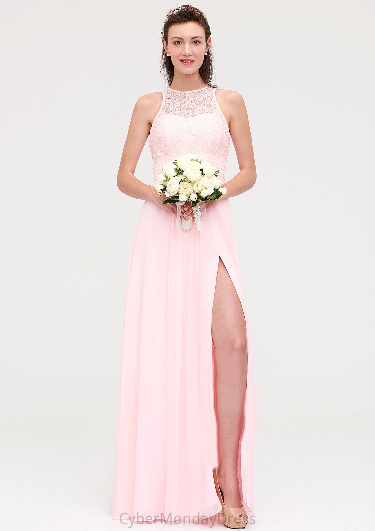 Sleeveless Scoop Neck Chiffon A-line/Princess Long/Floor-Length Bridesmaid Dresseses With Split Lace Francesca DTP0025349