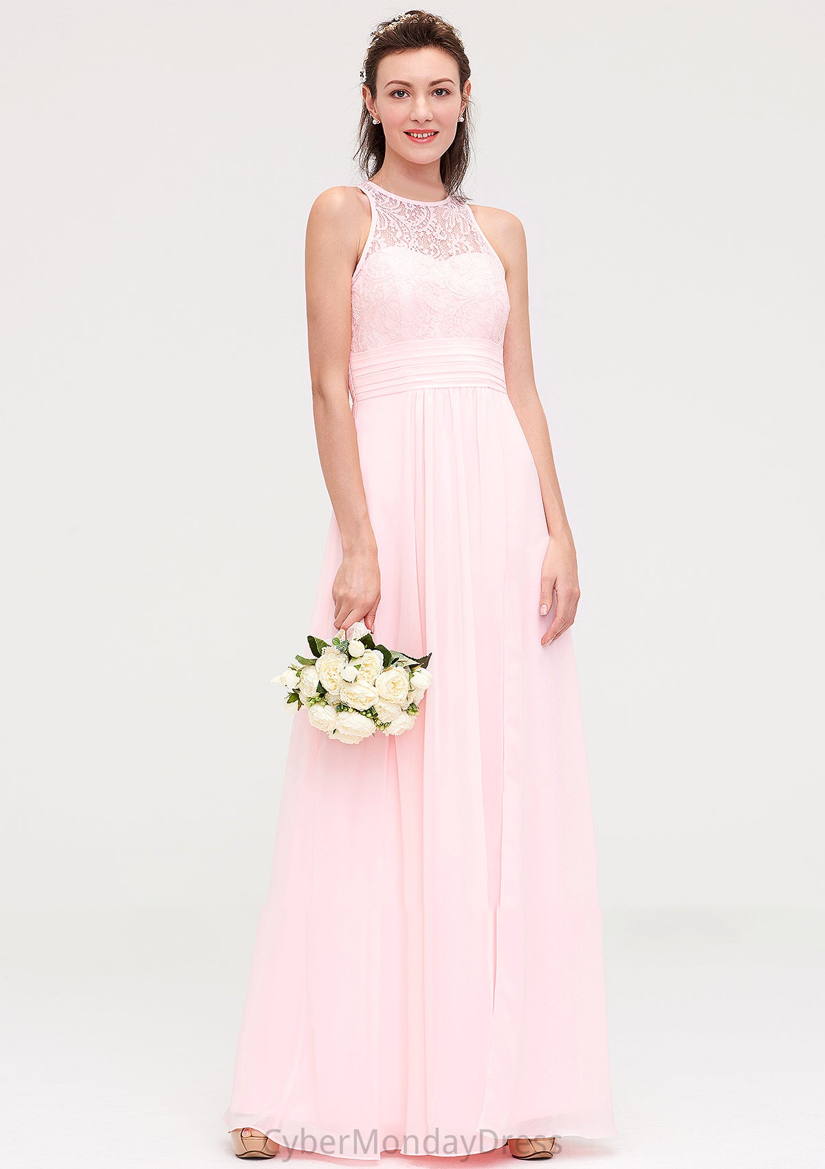 Sleeveless Scoop Neck Chiffon A-line/Princess Long/Floor-Length Bridesmaid Dresseses With Split Lace Francesca DTP0025349