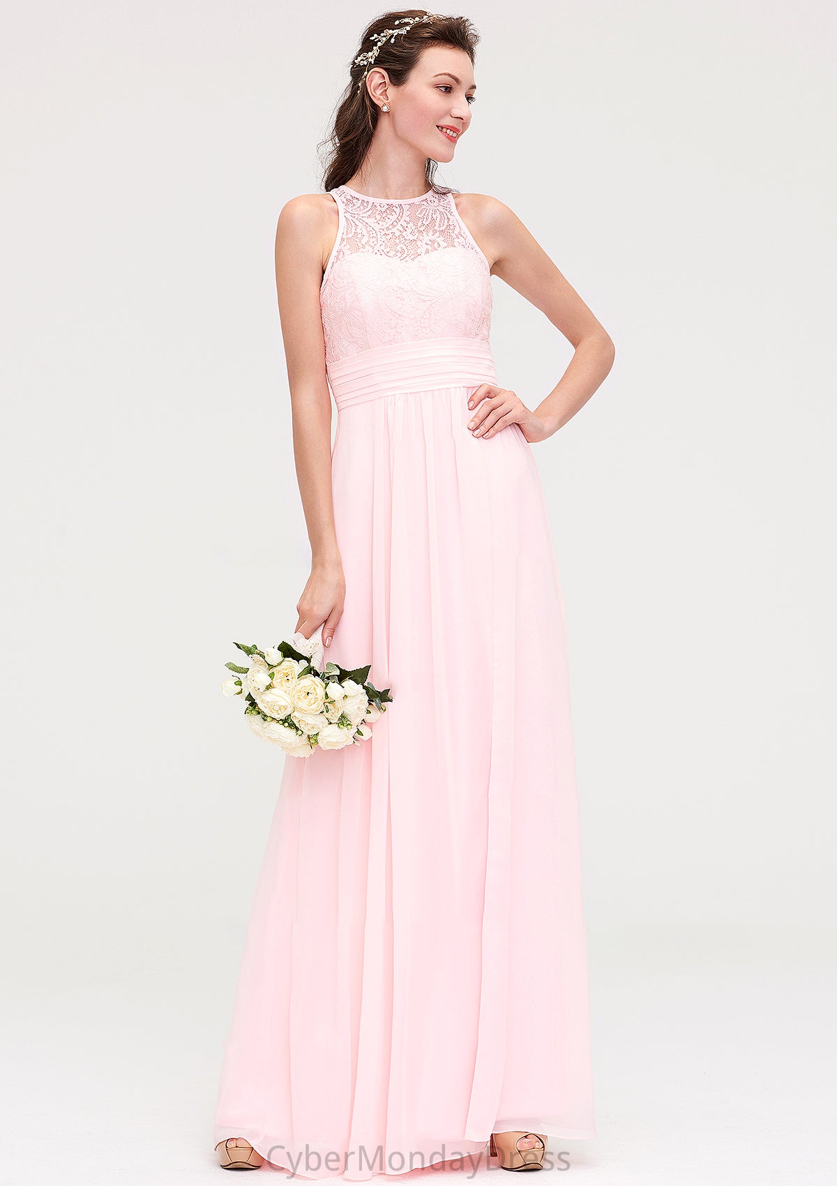 Sleeveless Scoop Neck Chiffon A-line/Princess Long/Floor-Length Bridesmaid Dresseses With Split Lace Francesca DTP0025349