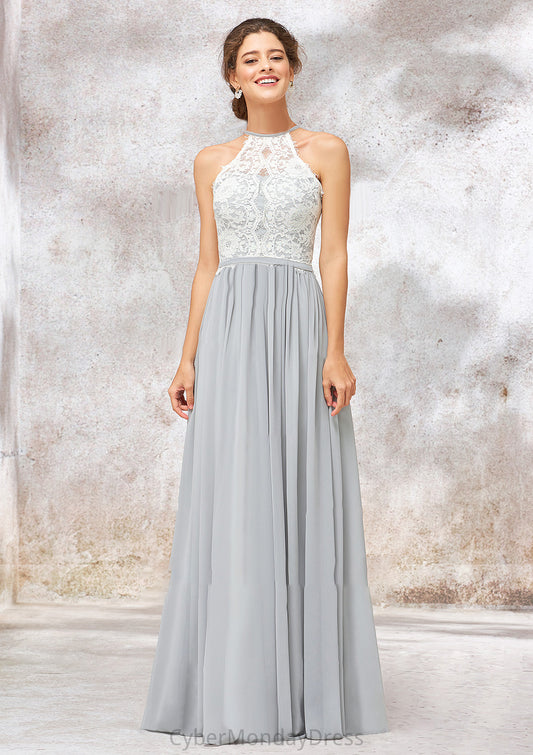 Scoop Neck A-line/Princess Sleeveless Chiffon Long/Floor-Length Bridesmaid Dresses With Lace Ida DTP0025350