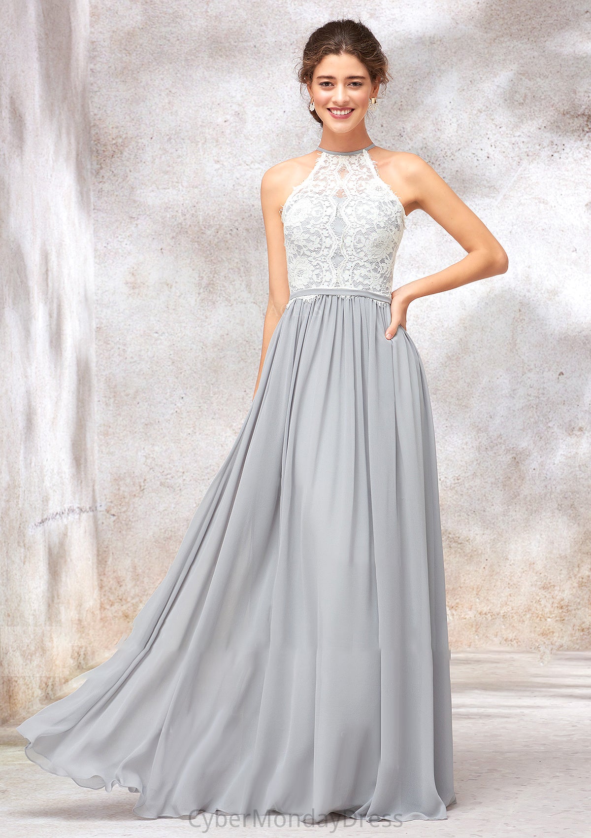 Scoop Neck A-line/Princess Sleeveless Chiffon Long/Floor-Length Bridesmaid Dresses With Lace Ida DTP0025350