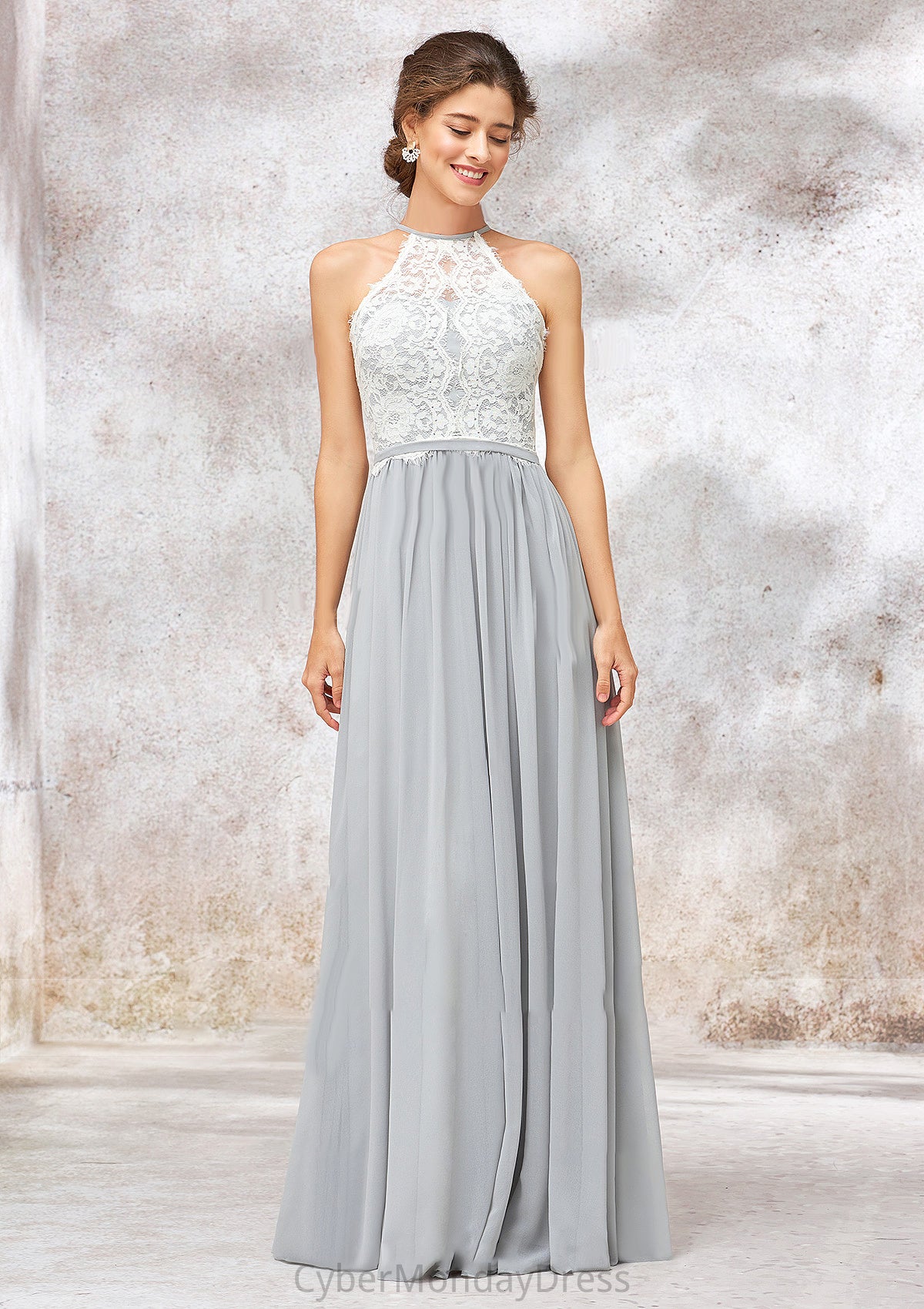 Scoop Neck A-line/Princess Sleeveless Chiffon Long/Floor-Length Bridesmaid Dresses With Lace Ida DTP0025350