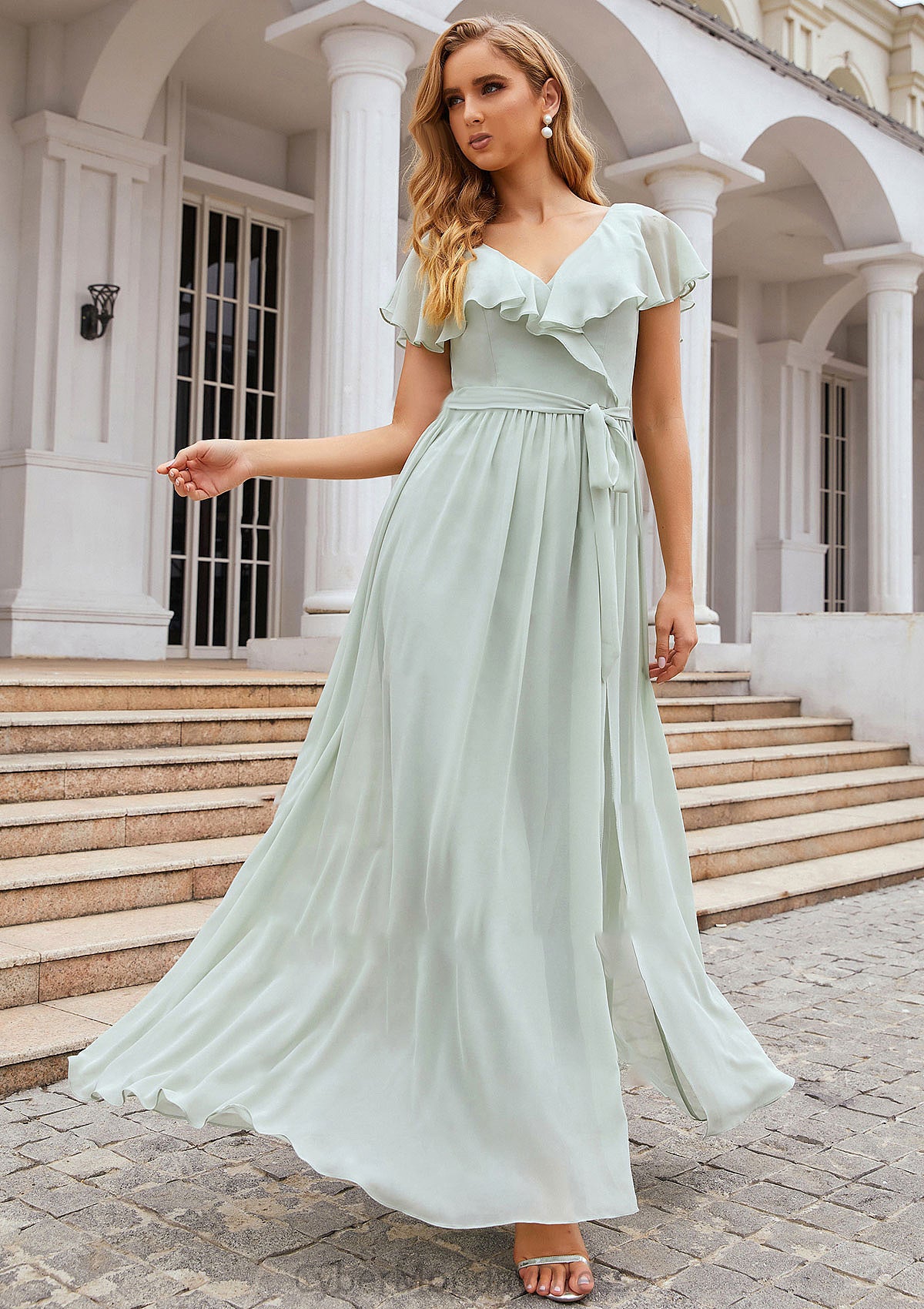 A-line V Neck Short Sleeve Long/Floor-Length Chiffon Bridesmaid Dresses With Sashes Ruffles Marcie DTP0025352