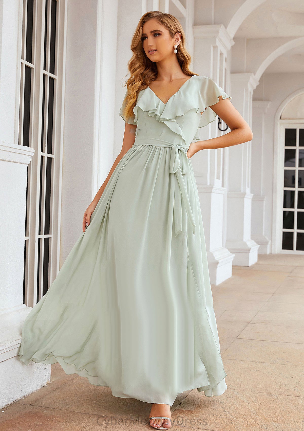 A-line V Neck Short Sleeve Long/Floor-Length Chiffon Bridesmaid Dresses With Sashes Ruffles Marcie DTP0025352