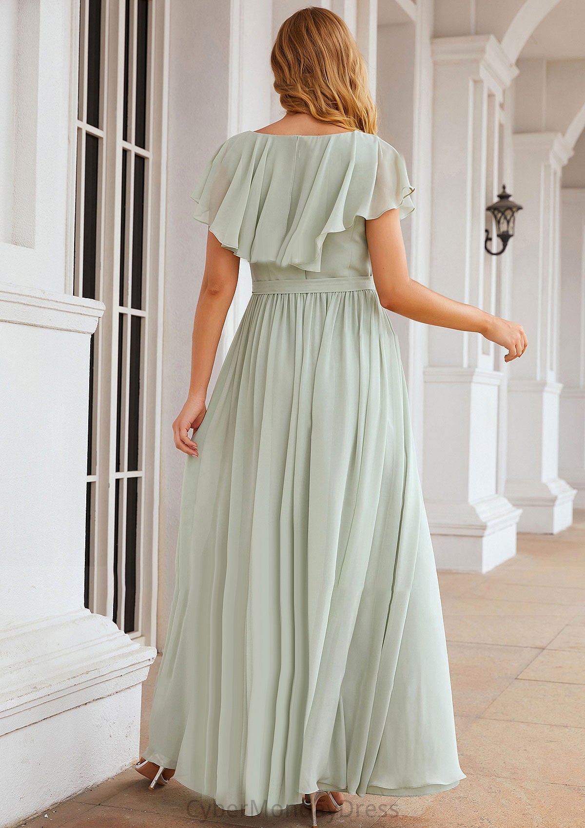 A-line V Neck Short Sleeve Long/Floor-Length Chiffon Bridesmaid Dresses With Sashes Ruffles Marcie DTP0025352