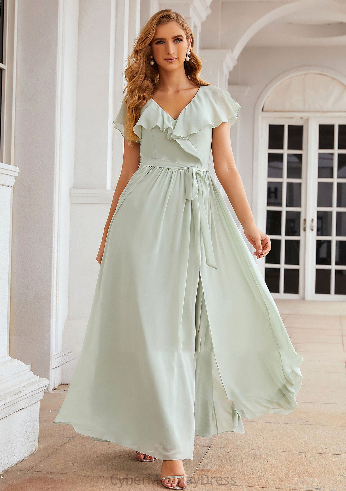 A-line V Neck Short Sleeve Long/Floor-Length Chiffon Bridesmaid Dresses With Sashes Ruffles Marcie DTP0025352