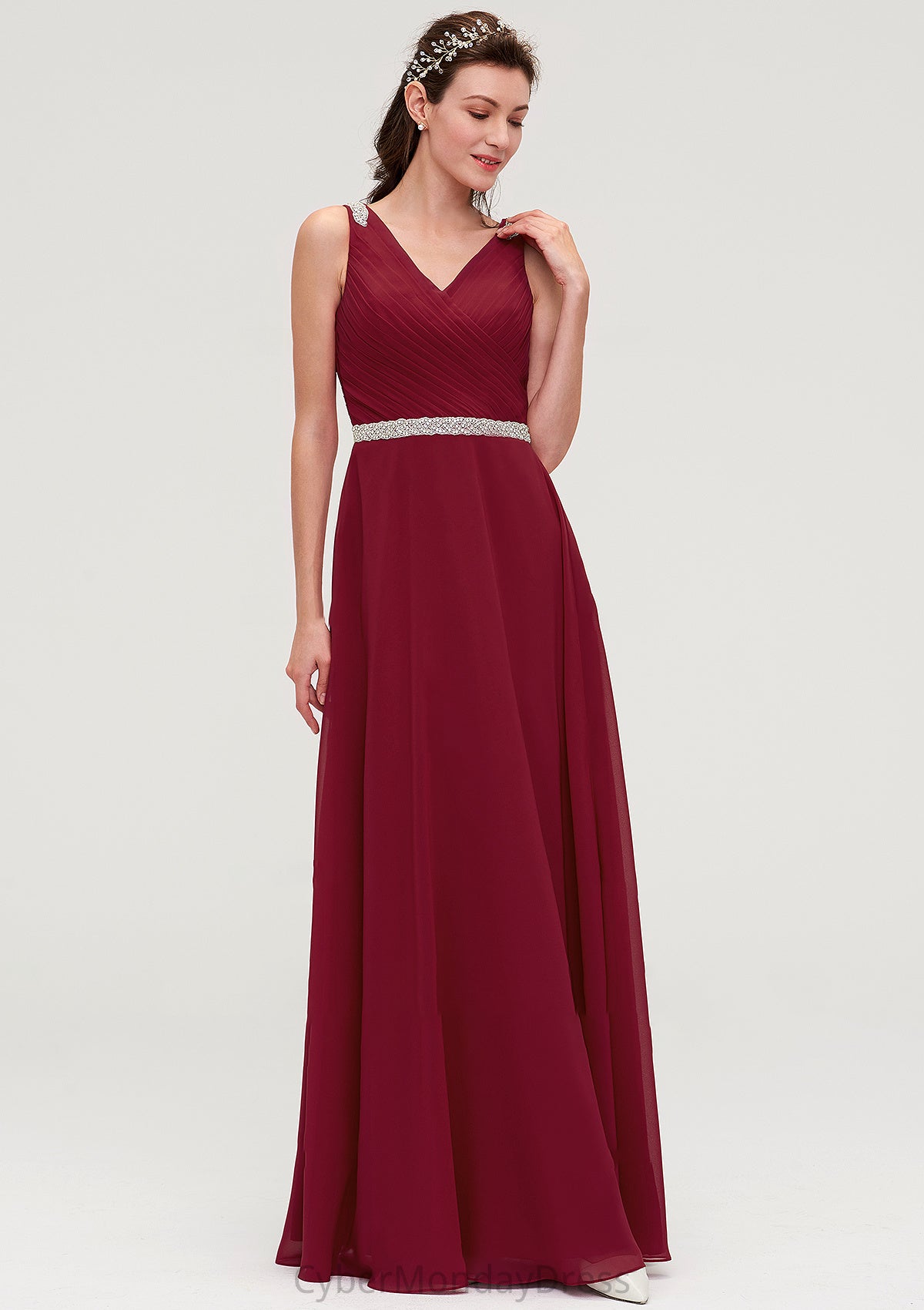 V Neck Sleeveless Chiffon A-line/Princess Long/Floor-Length Bridesmaid Dresseses With Waistband Beading Pleated Kimora DTP0025355