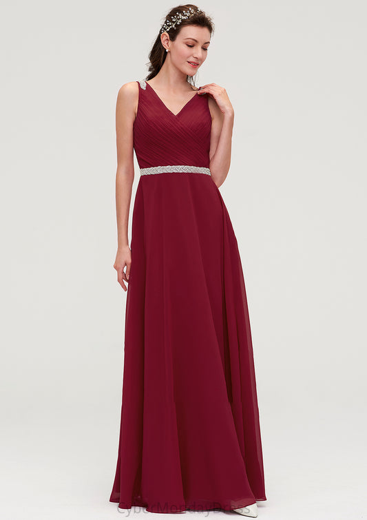 V Neck Sleeveless Chiffon A-line/Princess Long/Floor-Length Bridesmaid Dresseses With Waistband Beading Pleated Kimora DTP0025355