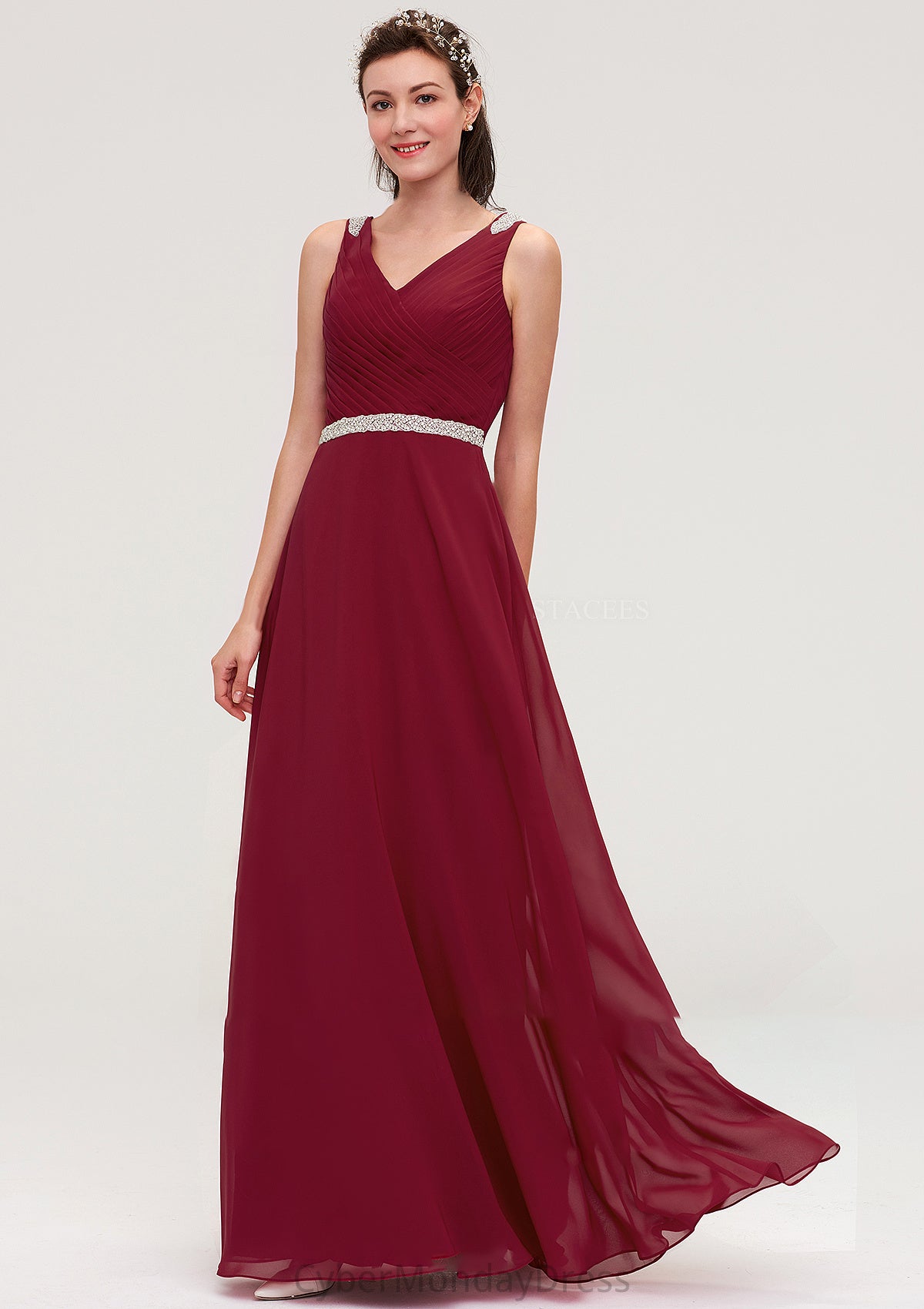 V Neck Sleeveless Chiffon A-line/Princess Long/Floor-Length Bridesmaid Dresseses With Waistband Beading Pleated Kimora DTP0025355