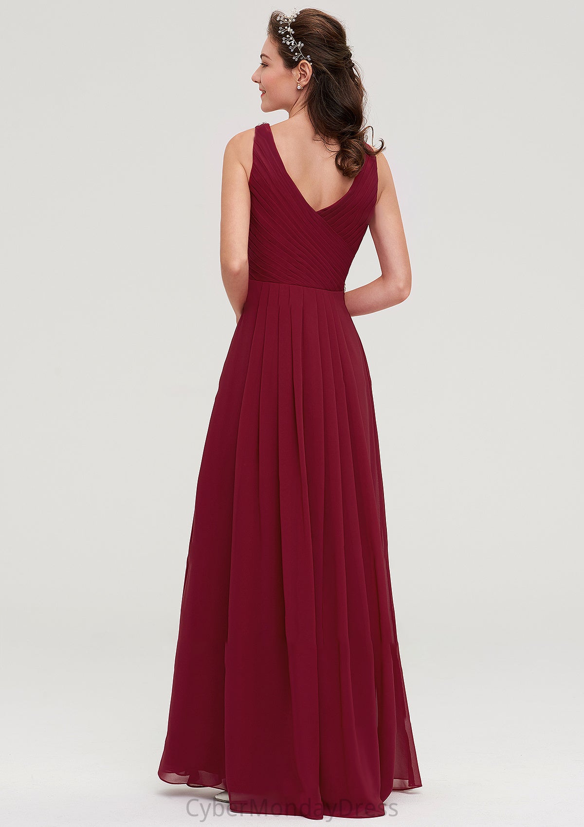 V Neck Sleeveless Chiffon A-line/Princess Long/Floor-Length Bridesmaid Dresseses With Waistband Beading Pleated Kimora DTP0025355