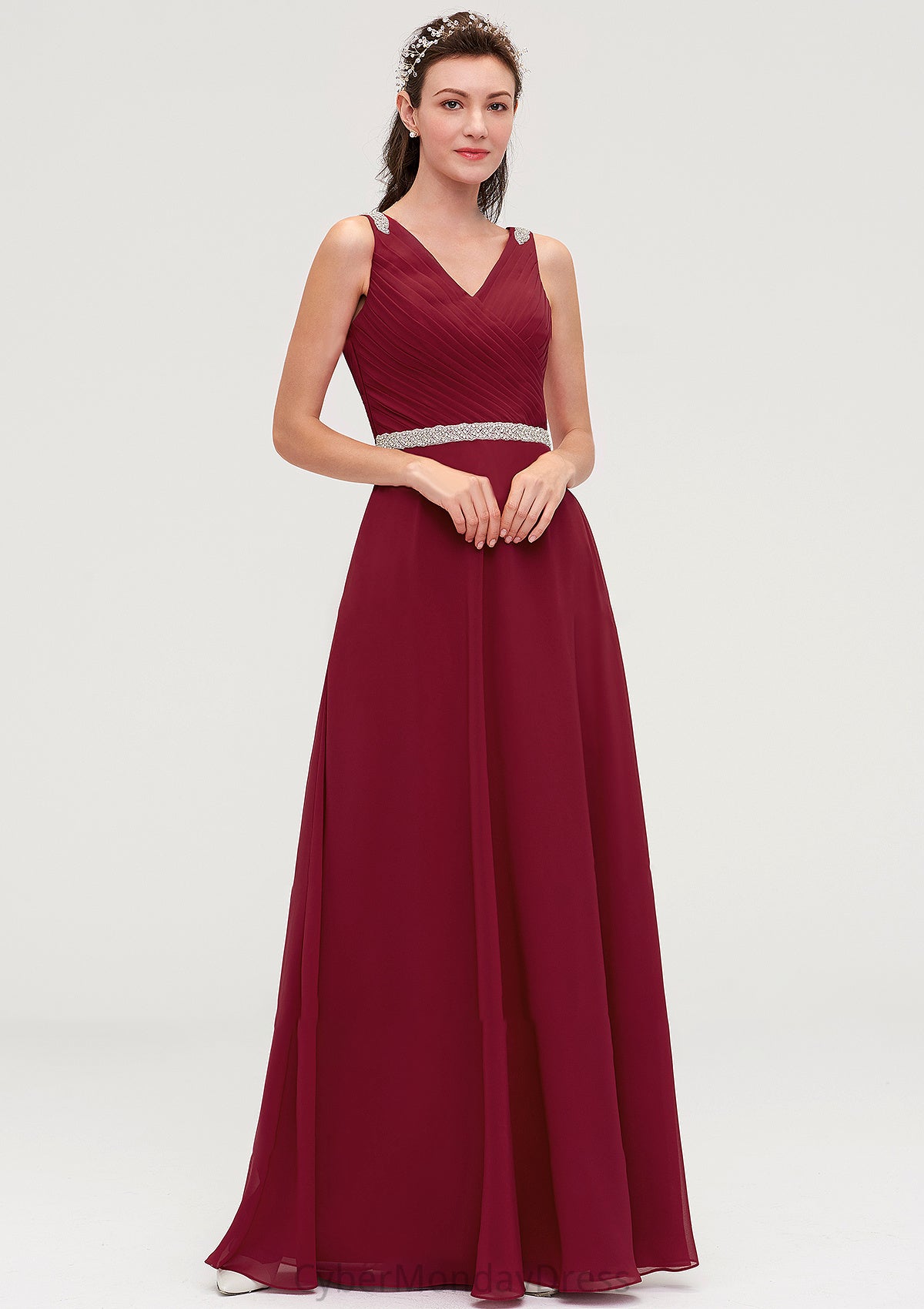 V Neck Sleeveless Chiffon A-line/Princess Long/Floor-Length Bridesmaid Dresseses With Waistband Beading Pleated Kimora DTP0025355