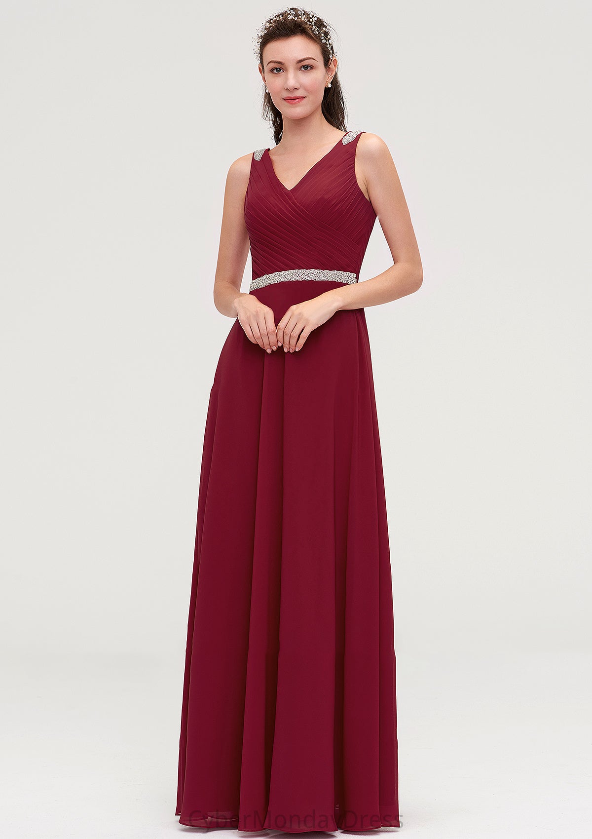 V Neck Sleeveless Chiffon A-line/Princess Long/Floor-Length Bridesmaid Dresseses With Waistband Beading Pleated Kimora DTP0025355