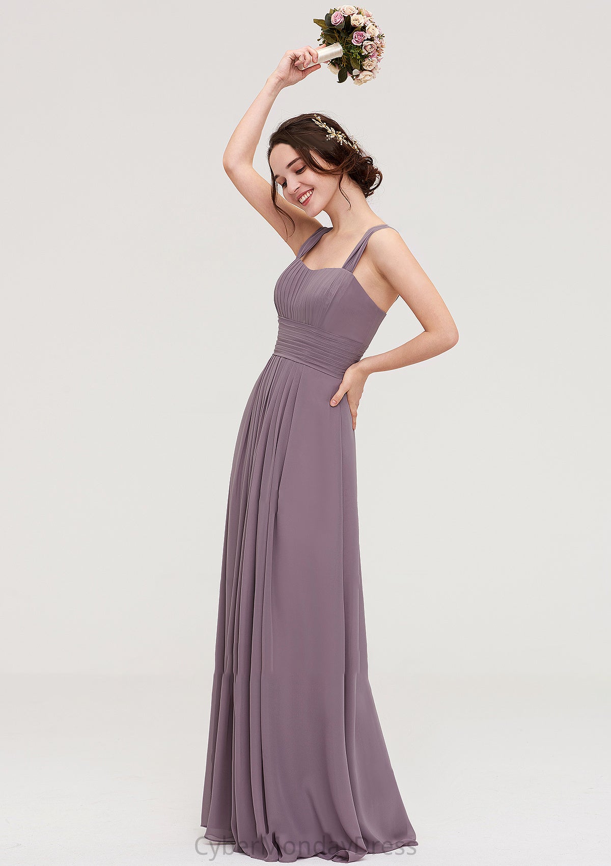 Square Neckline Sleeveless Chiffon Long/Floor-Length A-line/Princess Bridesmaid Dresses With Pleated Ali DTP0025356