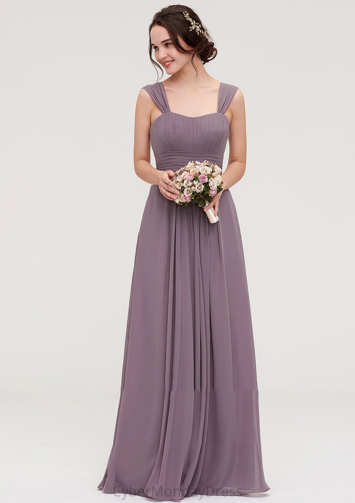 Square Neckline Sleeveless Chiffon Long/Floor-Length A-line/Princess Bridesmaid Dresses With Pleated Ali DTP0025356