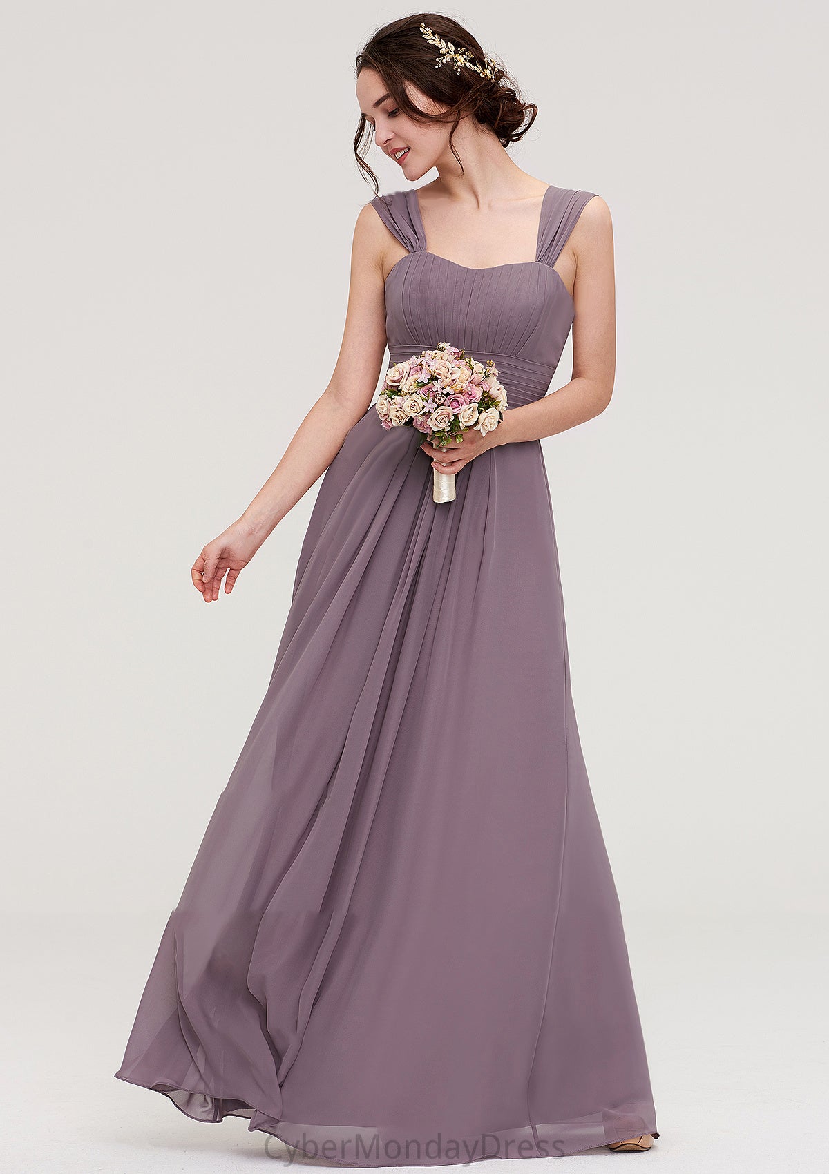 Square Neckline Sleeveless Chiffon Long/Floor-Length A-line/Princess Bridesmaid Dresses With Pleated Ali DTP0025356