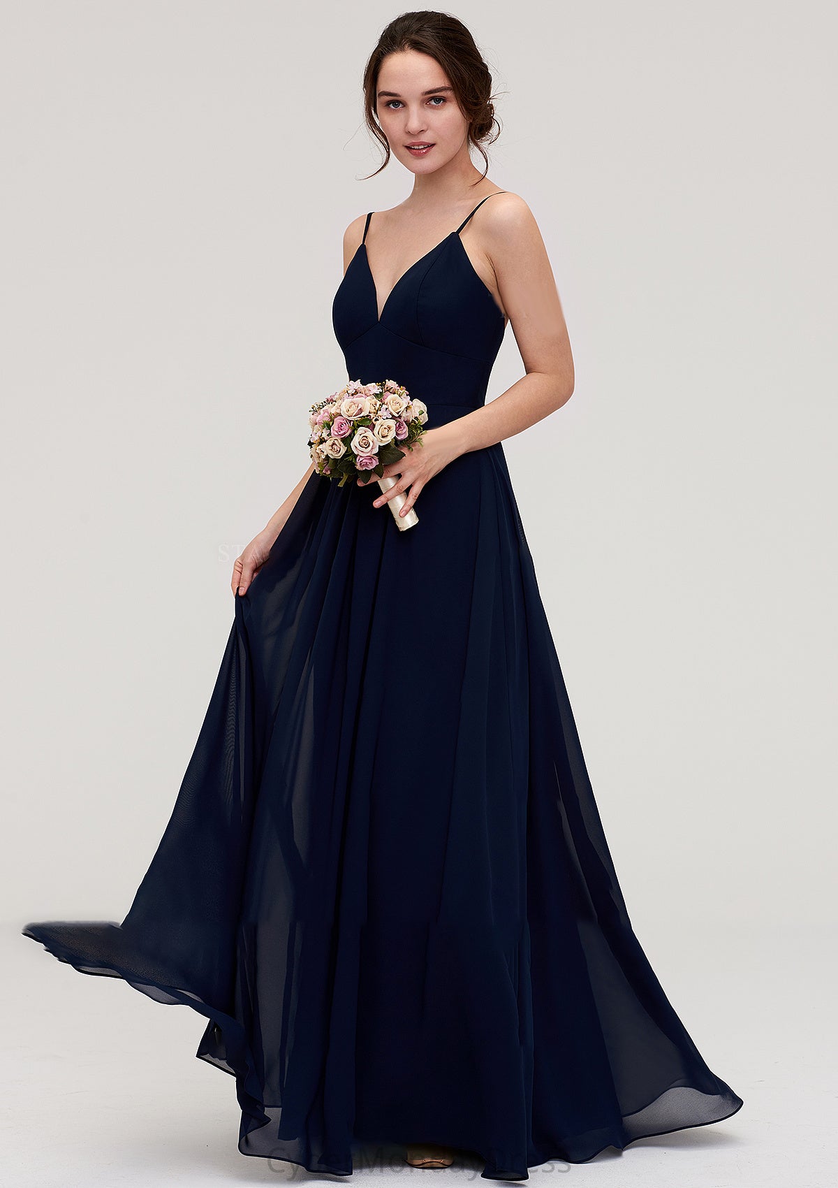 Sleeveless V Neck A-line/Princess Chiffon Long/Floor-Length Bridesmaid Dresseses With Pleated Jaelyn DTP0025357