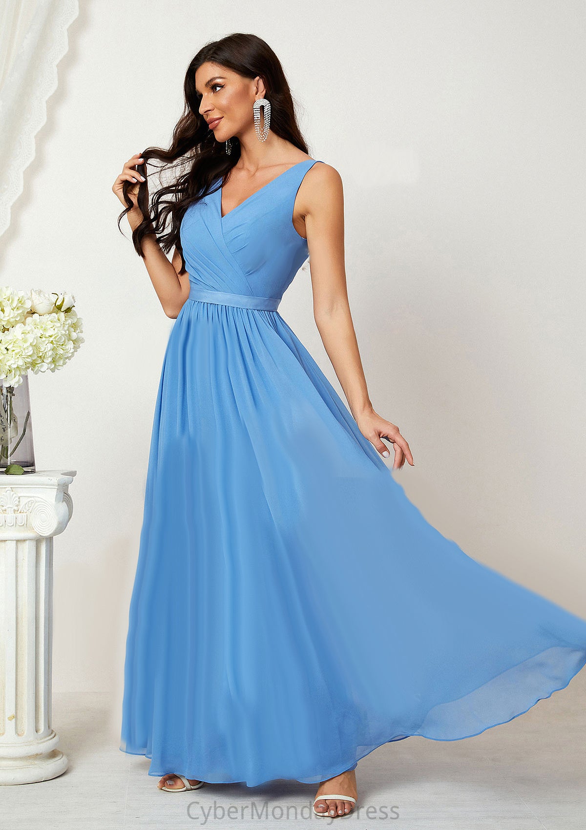 A-line V Neck Sleeveless Chiffon Long/Floor-Length Bridesmaid Dresses With Pleated Sloane DTP0025360