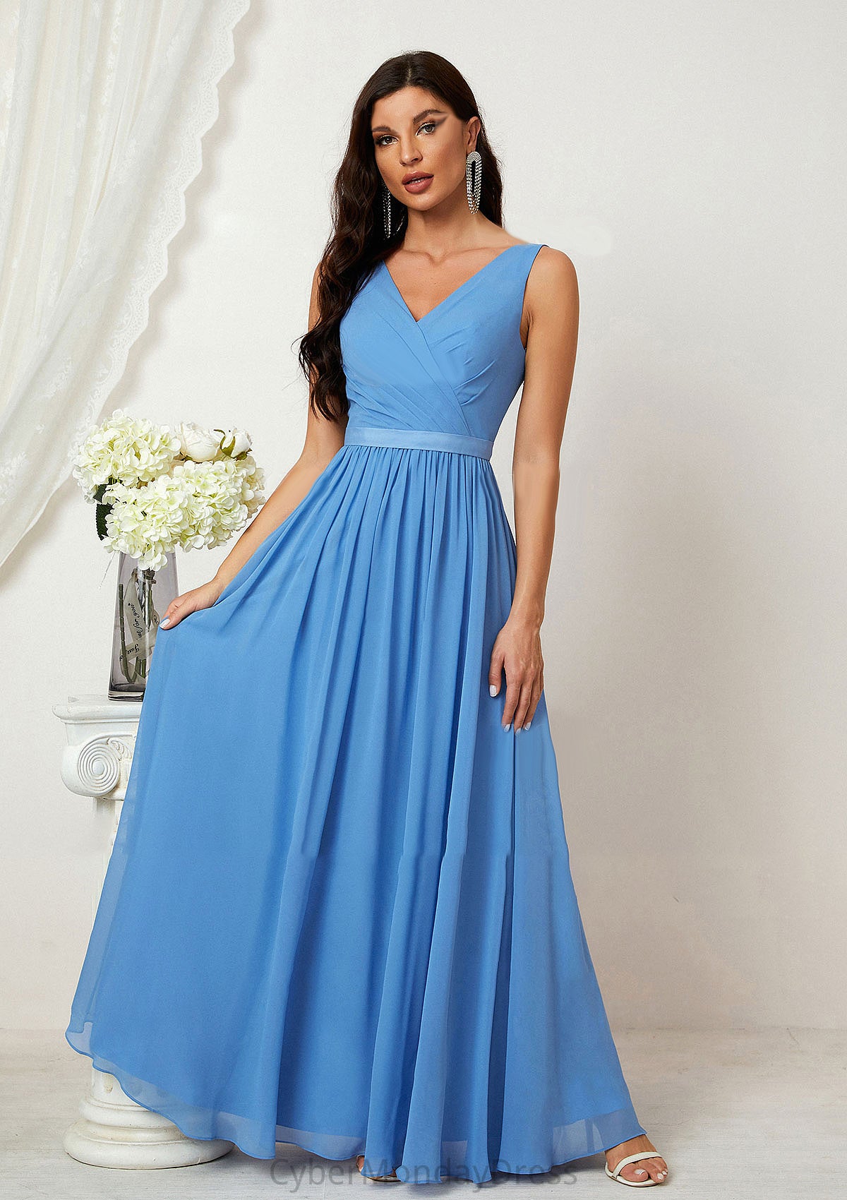 A-line V Neck Sleeveless Chiffon Long/Floor-Length Bridesmaid Dresses With Pleated Sloane DTP0025360