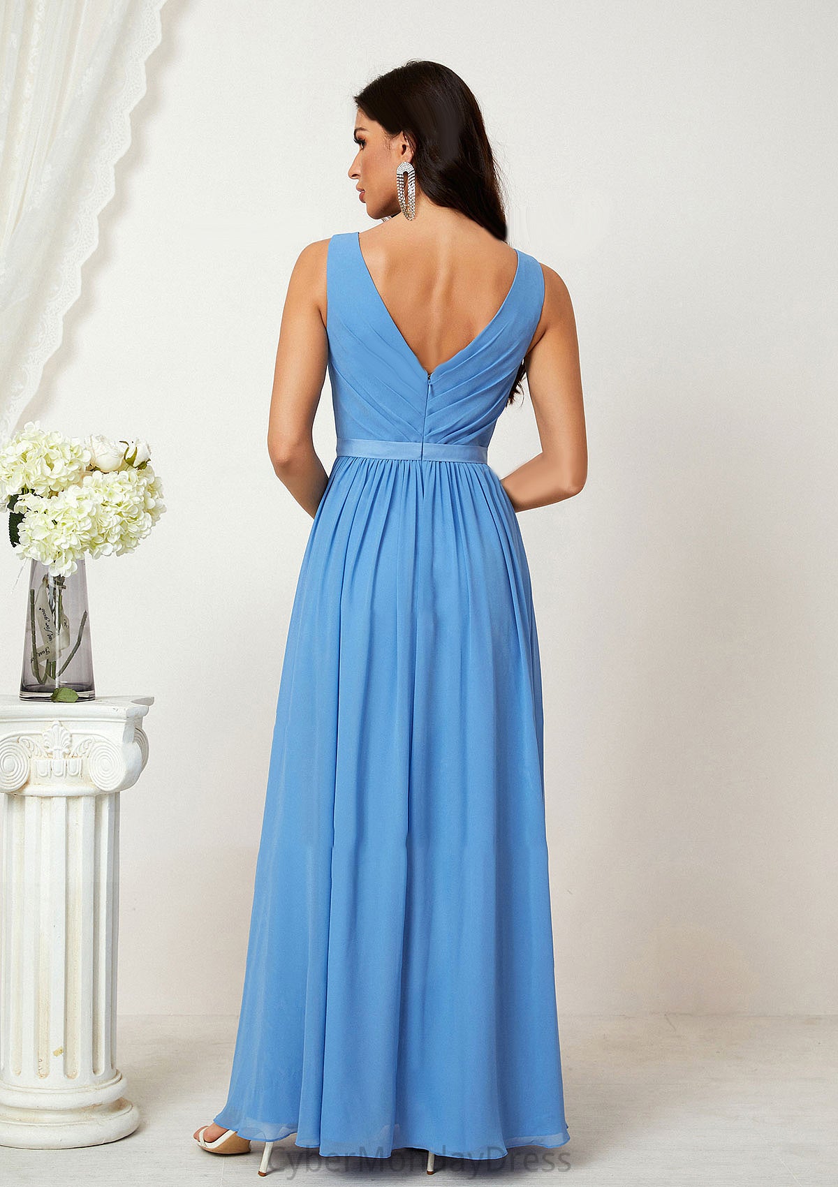 A-line V Neck Sleeveless Chiffon Long/Floor-Length Bridesmaid Dresses With Pleated Sloane DTP0025360