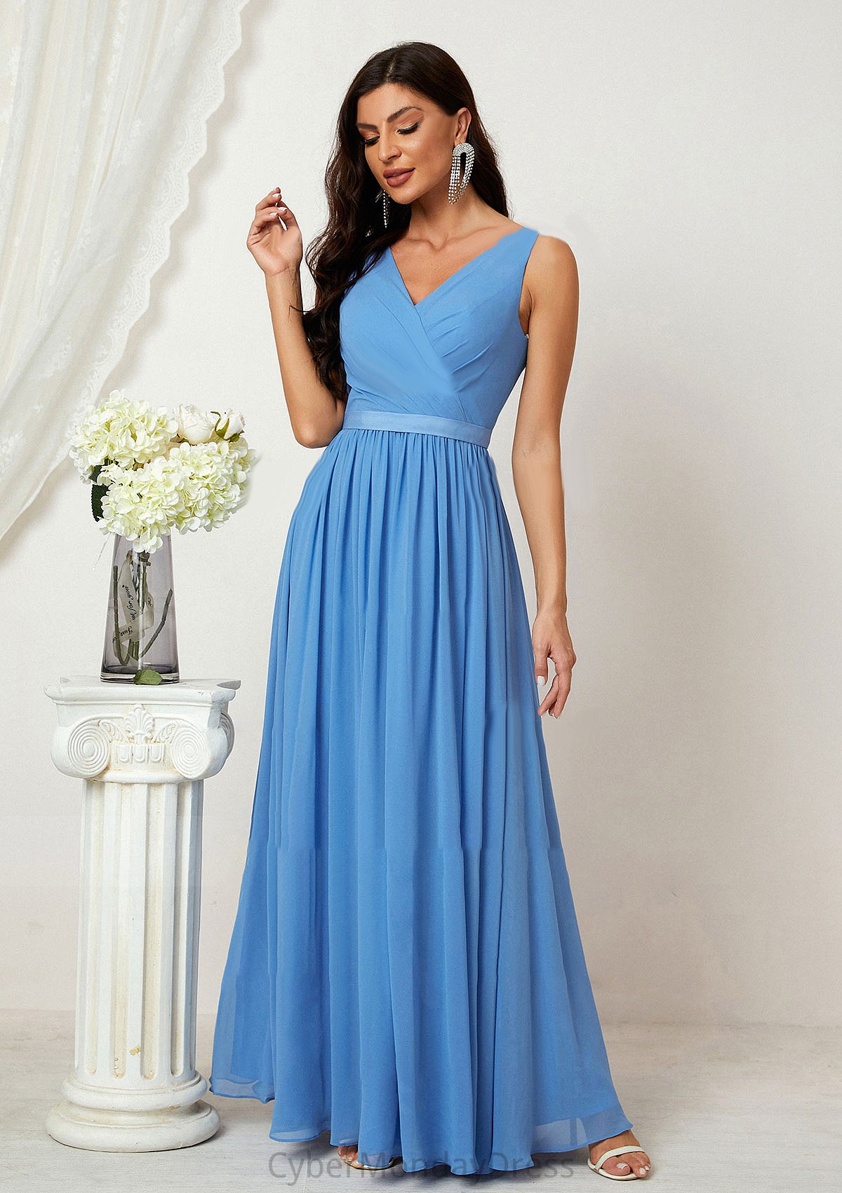 A-line V Neck Sleeveless Chiffon Long/Floor-Length Bridesmaid Dresses With Pleated Sloane DTP0025360