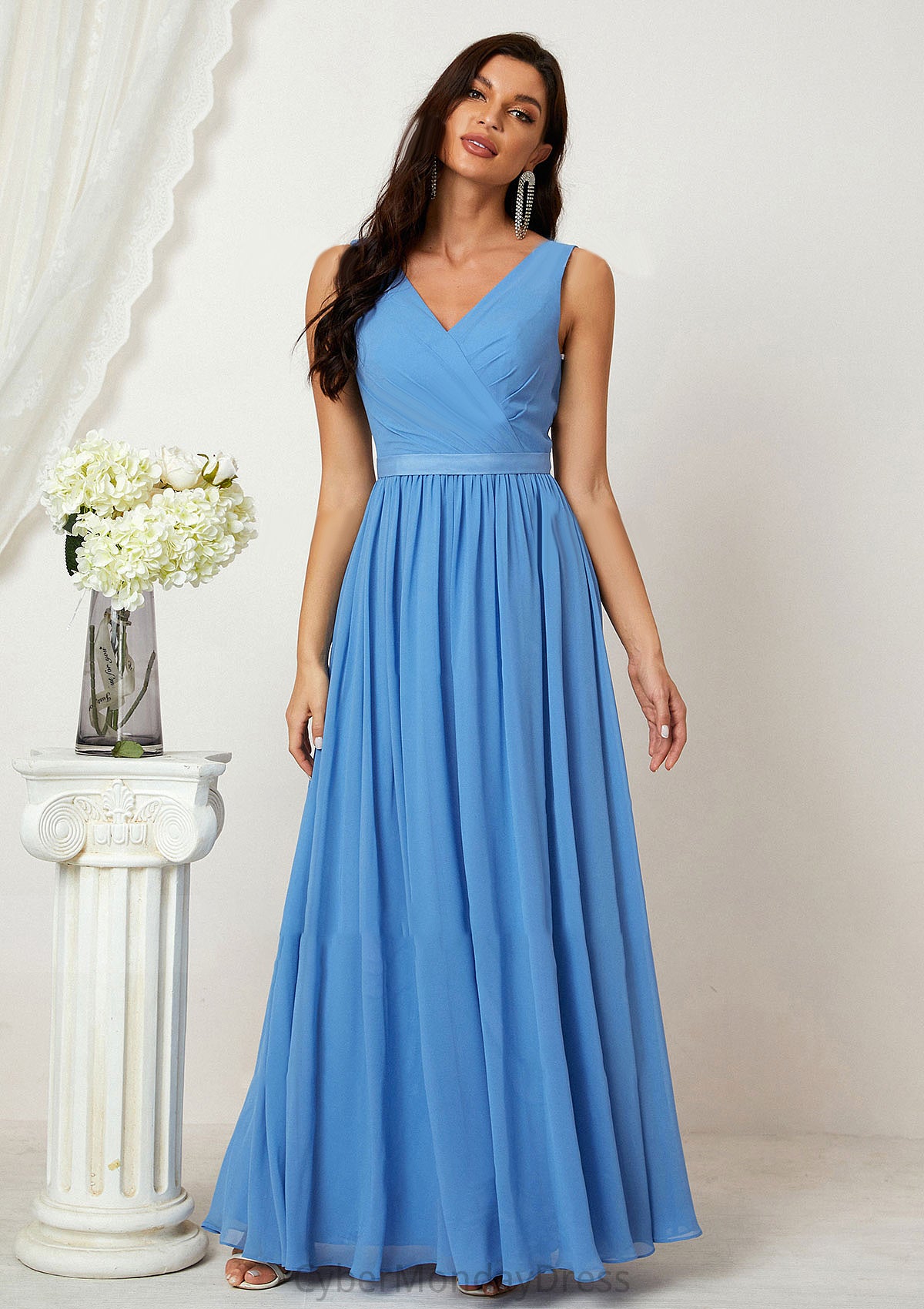 A-line V Neck Sleeveless Chiffon Long/Floor-Length Bridesmaid Dresses With Pleated Sloane DTP0025360