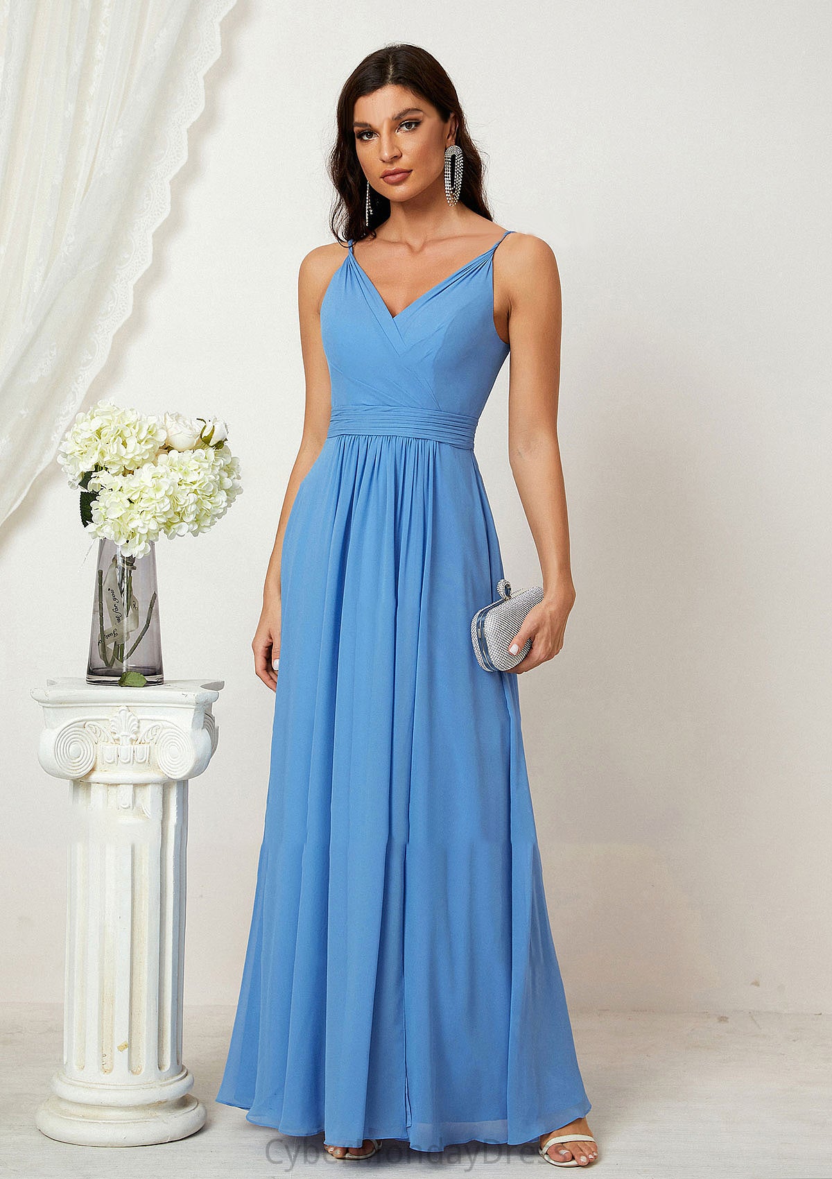 A-line V Neck Sleeveless Chiffon Long/Floor-Length Bridesmaid Dresses With Split Pleated Kenley DTP0025362