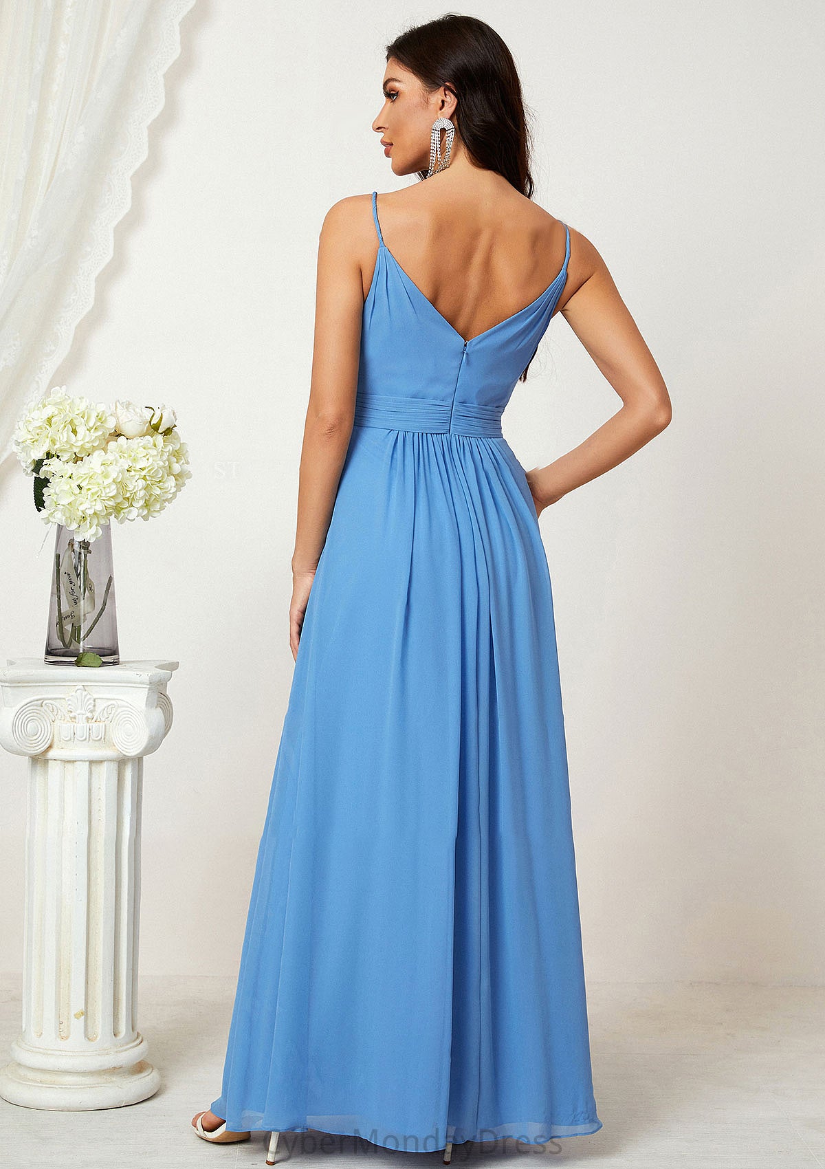 A-line V Neck Sleeveless Chiffon Long/Floor-Length Bridesmaid Dresses With Split Pleated Kenley DTP0025362