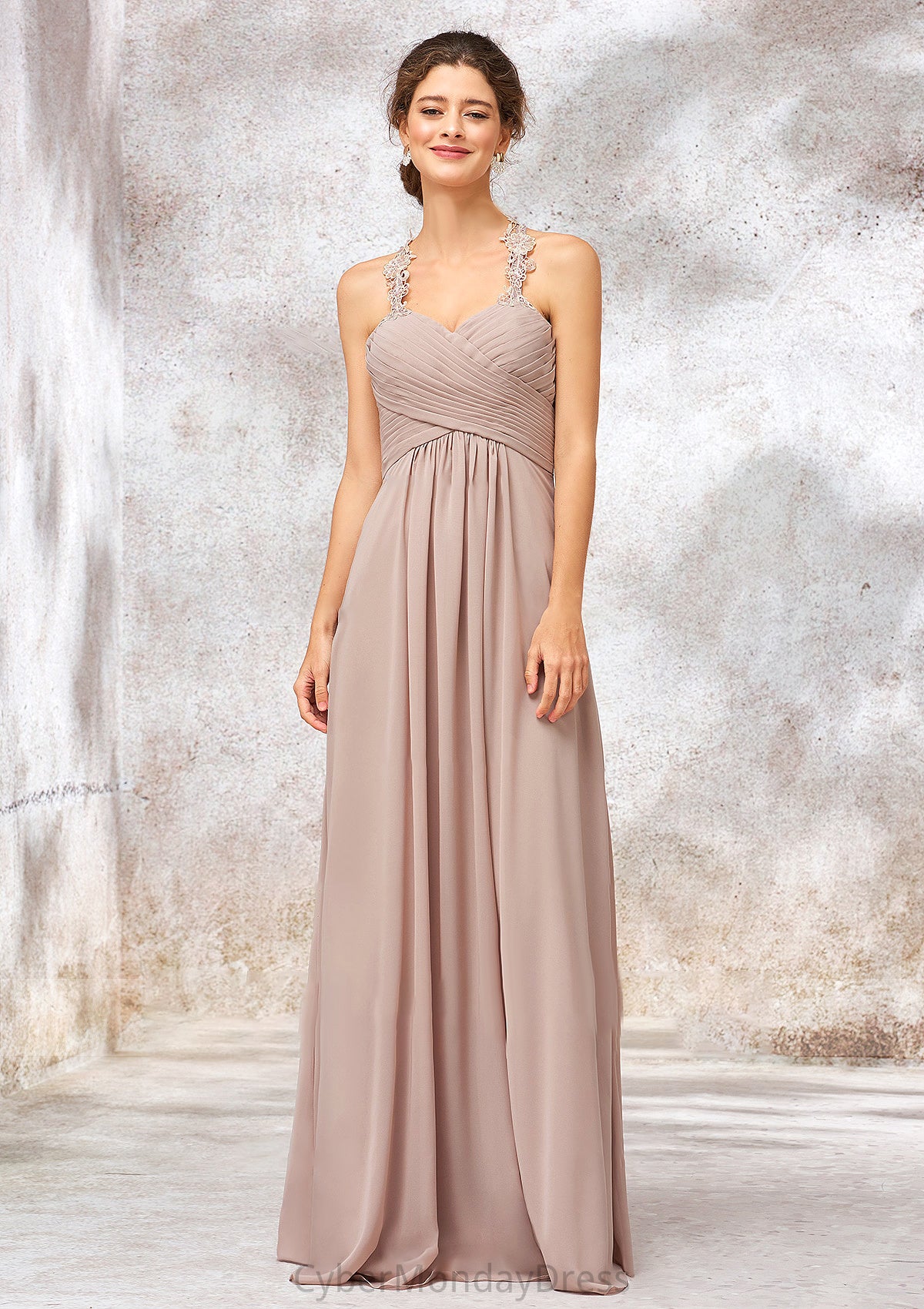 A-line Sweetheart Sleeveless Chiffon Long/Floor-Length Bridesmaid Dresses With Lace Pleated Ann DTP0025365