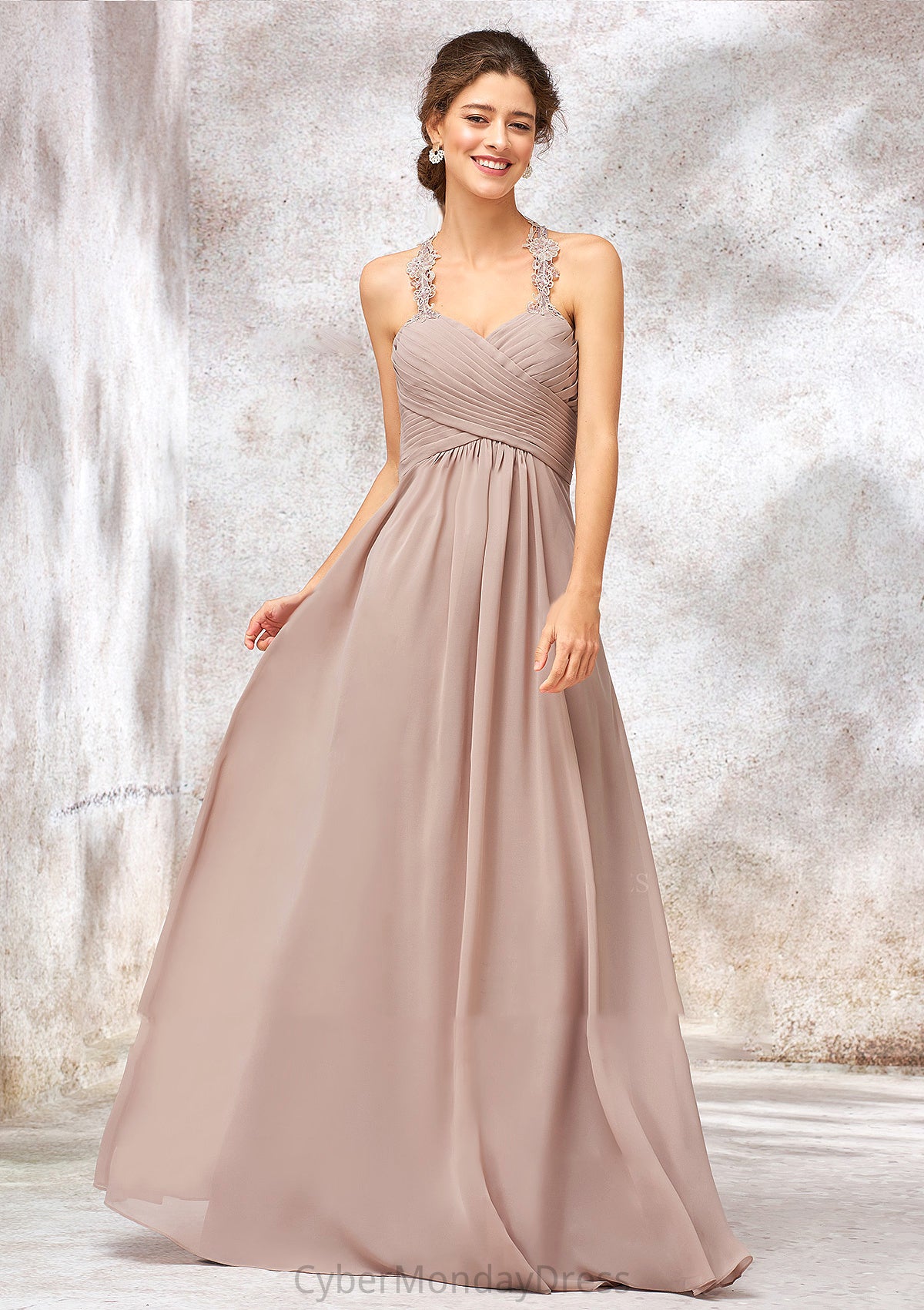 A-line Sweetheart Sleeveless Chiffon Long/Floor-Length Bridesmaid Dresses With Lace Pleated Ann DTP0025365