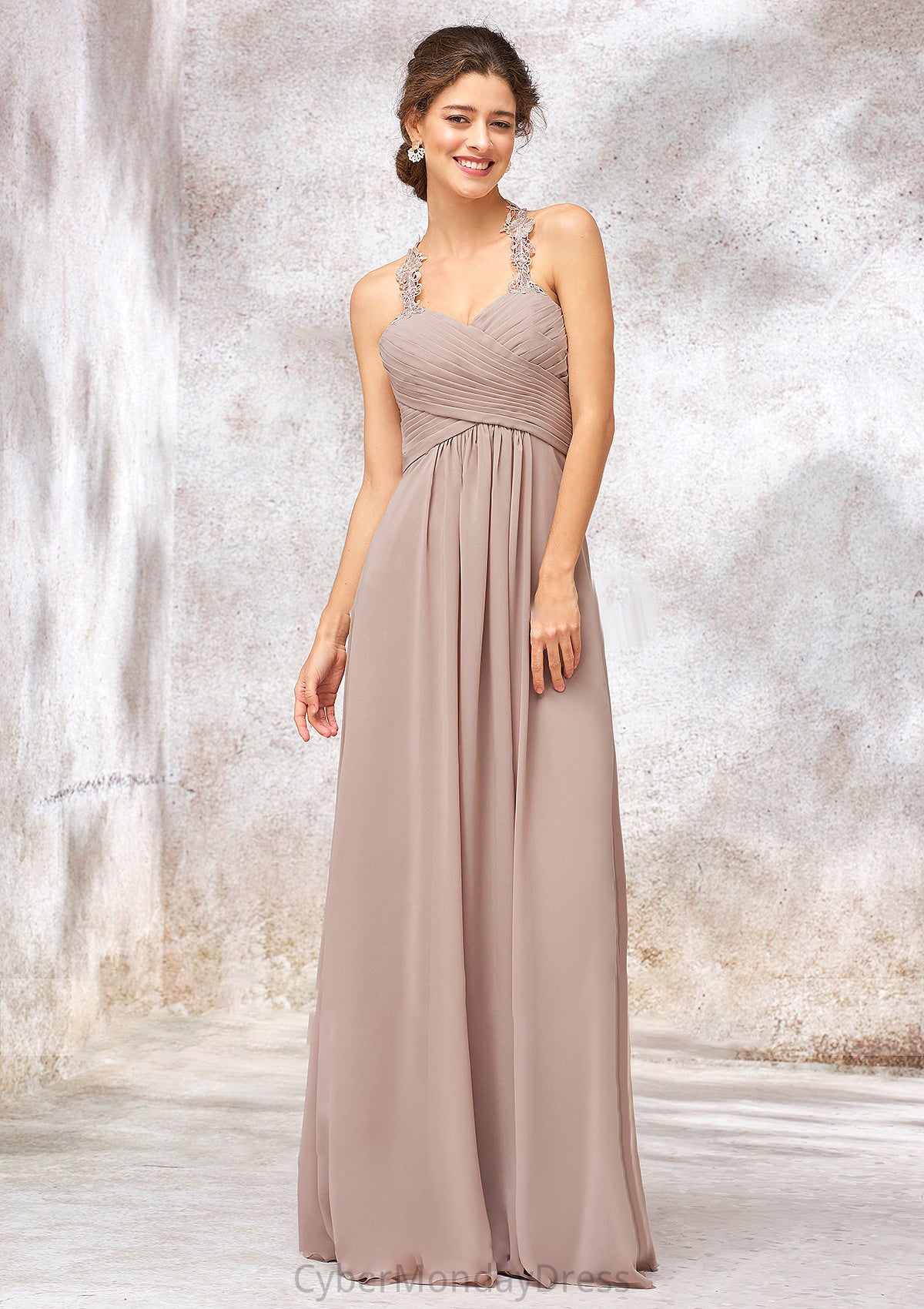 A-line Sweetheart Sleeveless Chiffon Long/Floor-Length Bridesmaid Dresses With Lace Pleated Ann DTP0025365