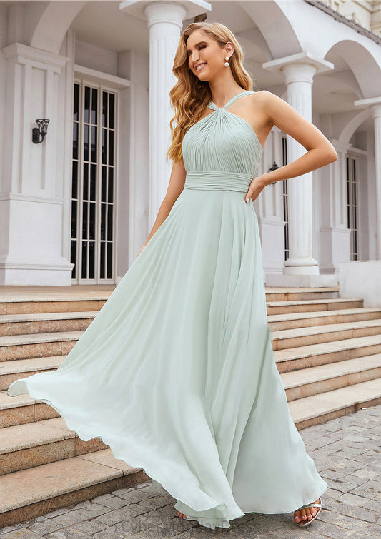 A-line Scalloped Neck Sleeveless Long/Floor-Length Chiffon Bridesmaid Dresses With Pleated Athena DTP0025366