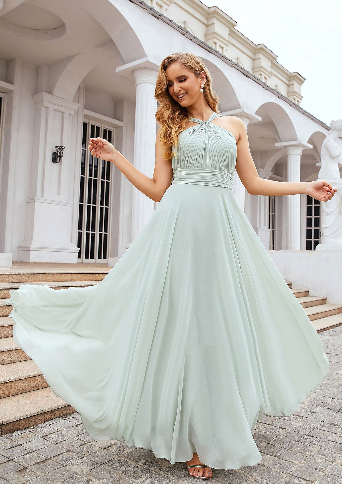 A-line Scalloped Neck Sleeveless Long/Floor-Length Chiffon Bridesmaid Dresses With Pleated Athena DTP0025366