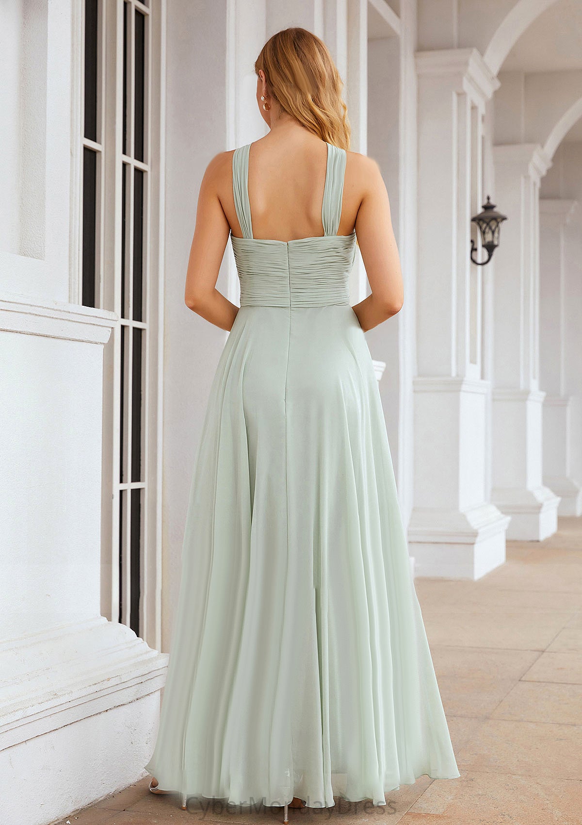 A-line Scalloped Neck Sleeveless Long/Floor-Length Chiffon Bridesmaid Dresses With Pleated Athena DTP0025366