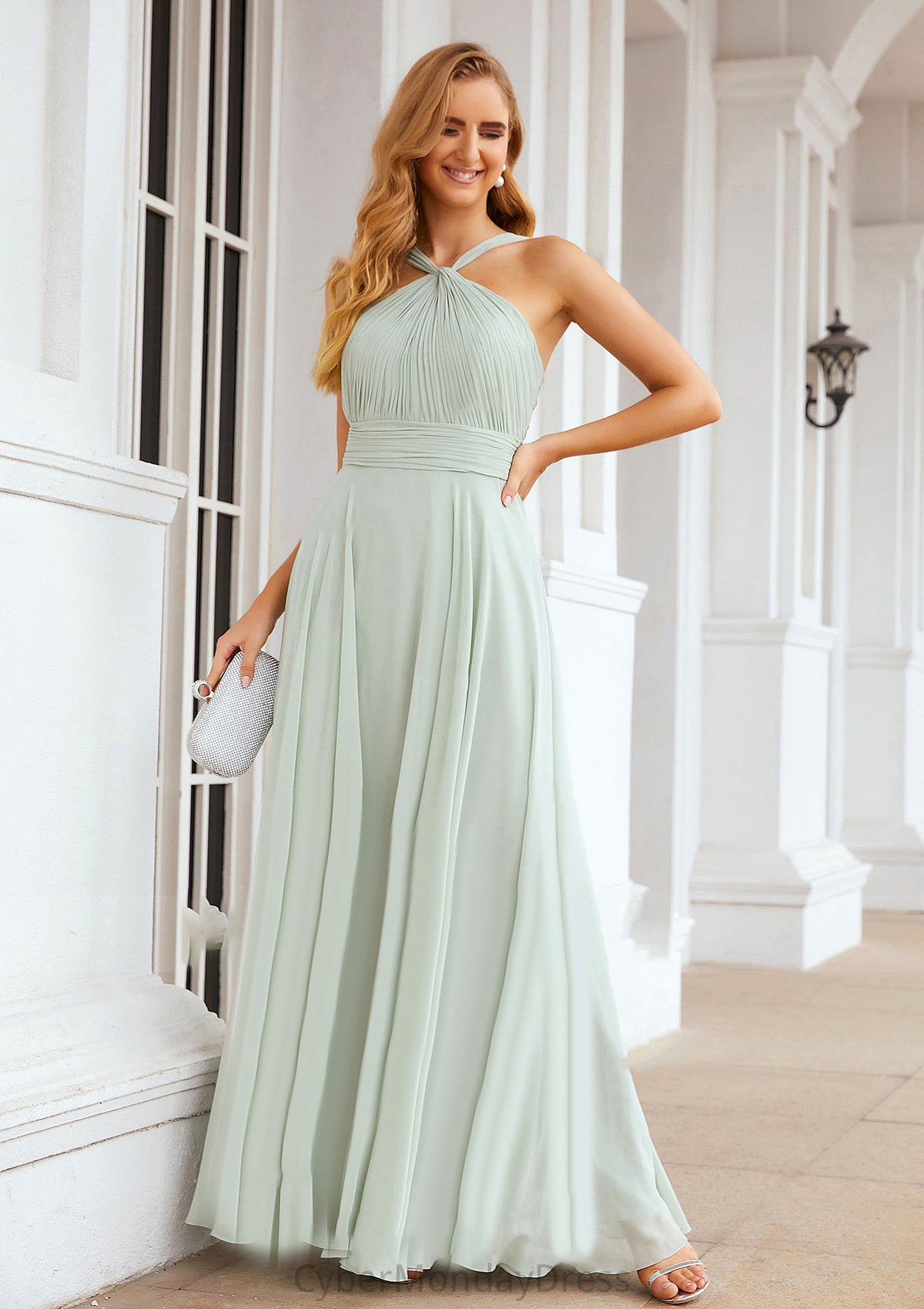 A-line Scalloped Neck Sleeveless Long/Floor-Length Chiffon Bridesmaid Dresses With Pleated Athena DTP0025366