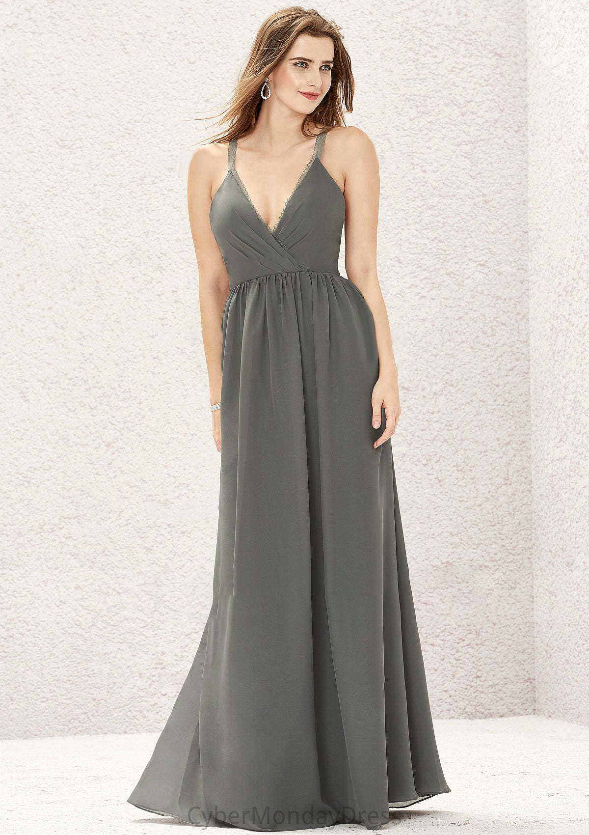 A-line V Neck Sleeveless Chiffon Long/Floor-Length Bridesmaid Dresses With Pleated Lace Patsy DTP0025367